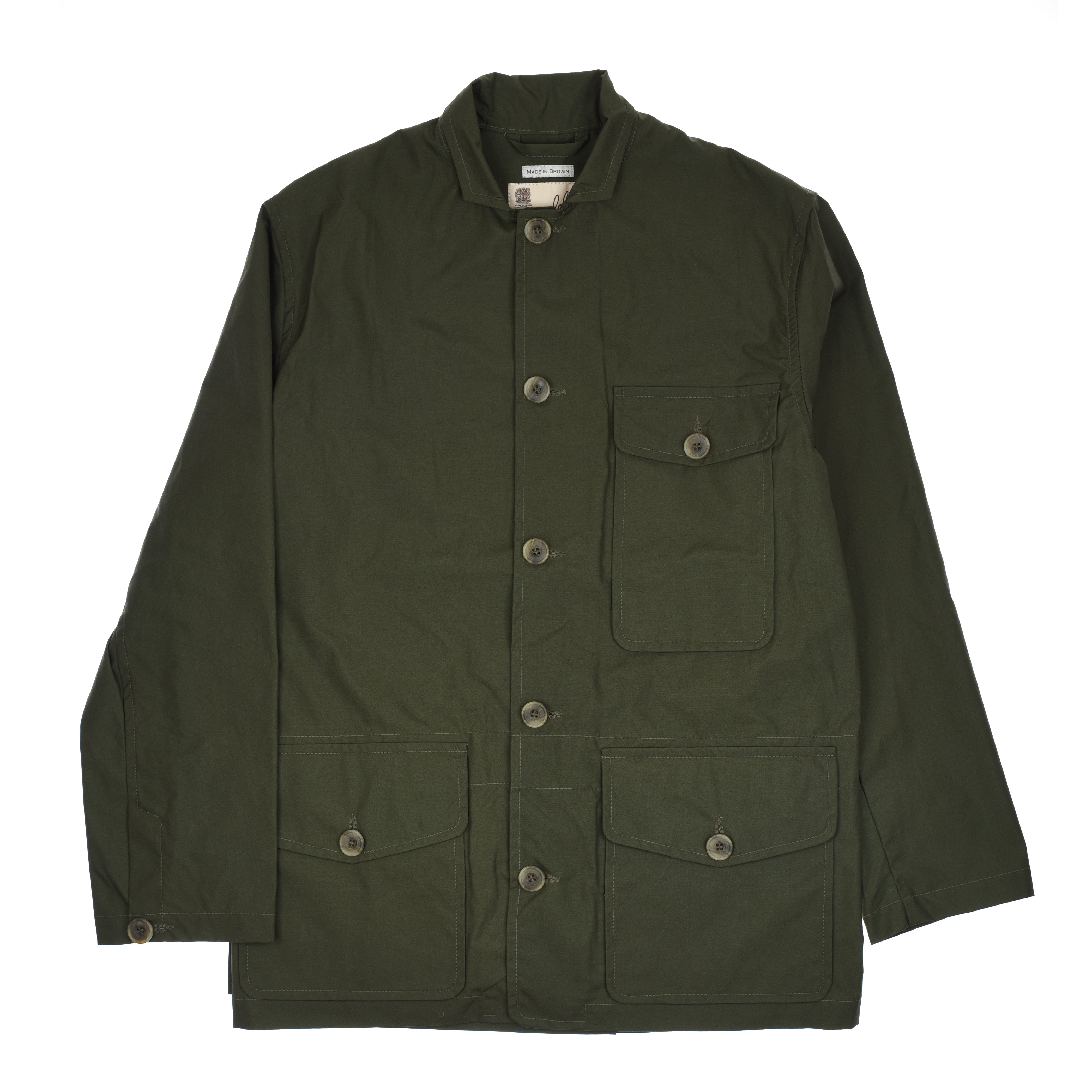 The Campbells of Beauly Gardeners Chore Jacket in olive green features a stand collar, large buttons, a chest pocket with flap and button, two lower front pockets, and sturdy matte-finish fabric—perfect for outdoor use.