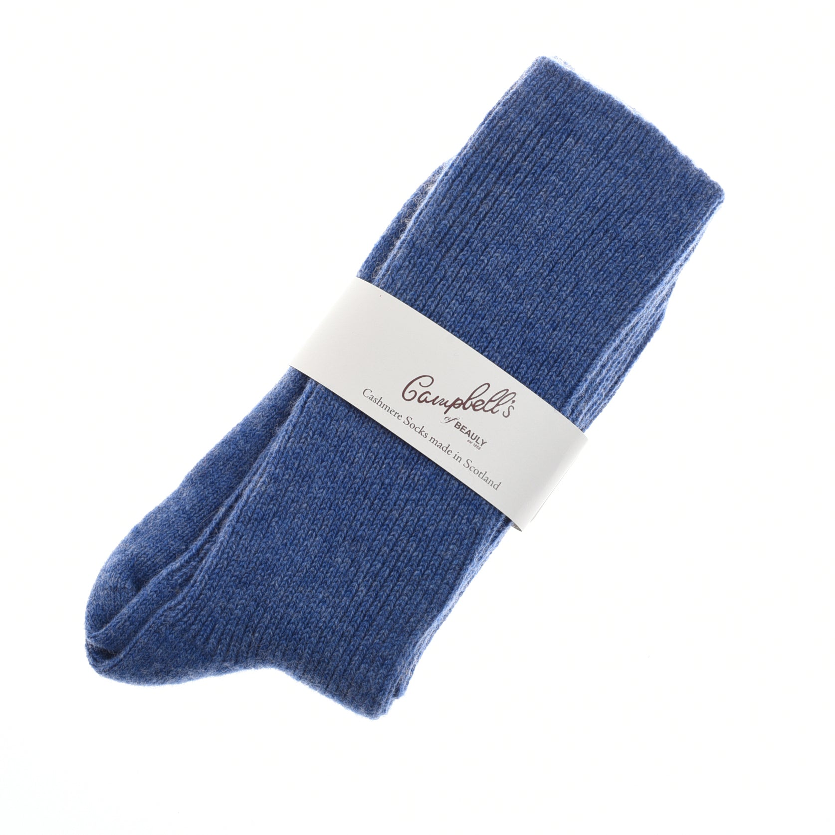 A single pair of blue ribbed Plain Cashmere Socks, neatly folded and secured by a white Campbells of Beauly band, is displayed on a plain white background.