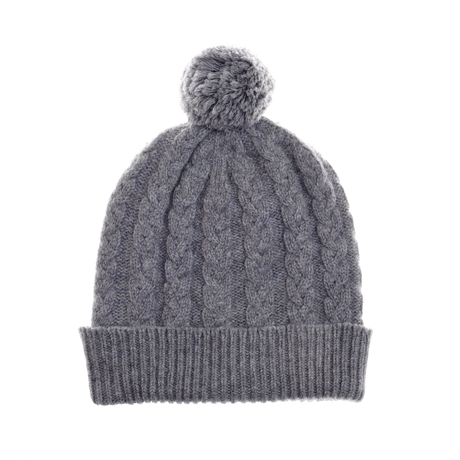 The Campbells of Beauly Chunky Cable Cashmere Hat with Pom Pom is a gray knit beanie featuring a folded ribbed brim, chunky cable design, and large pom-pom, shown on a white background.