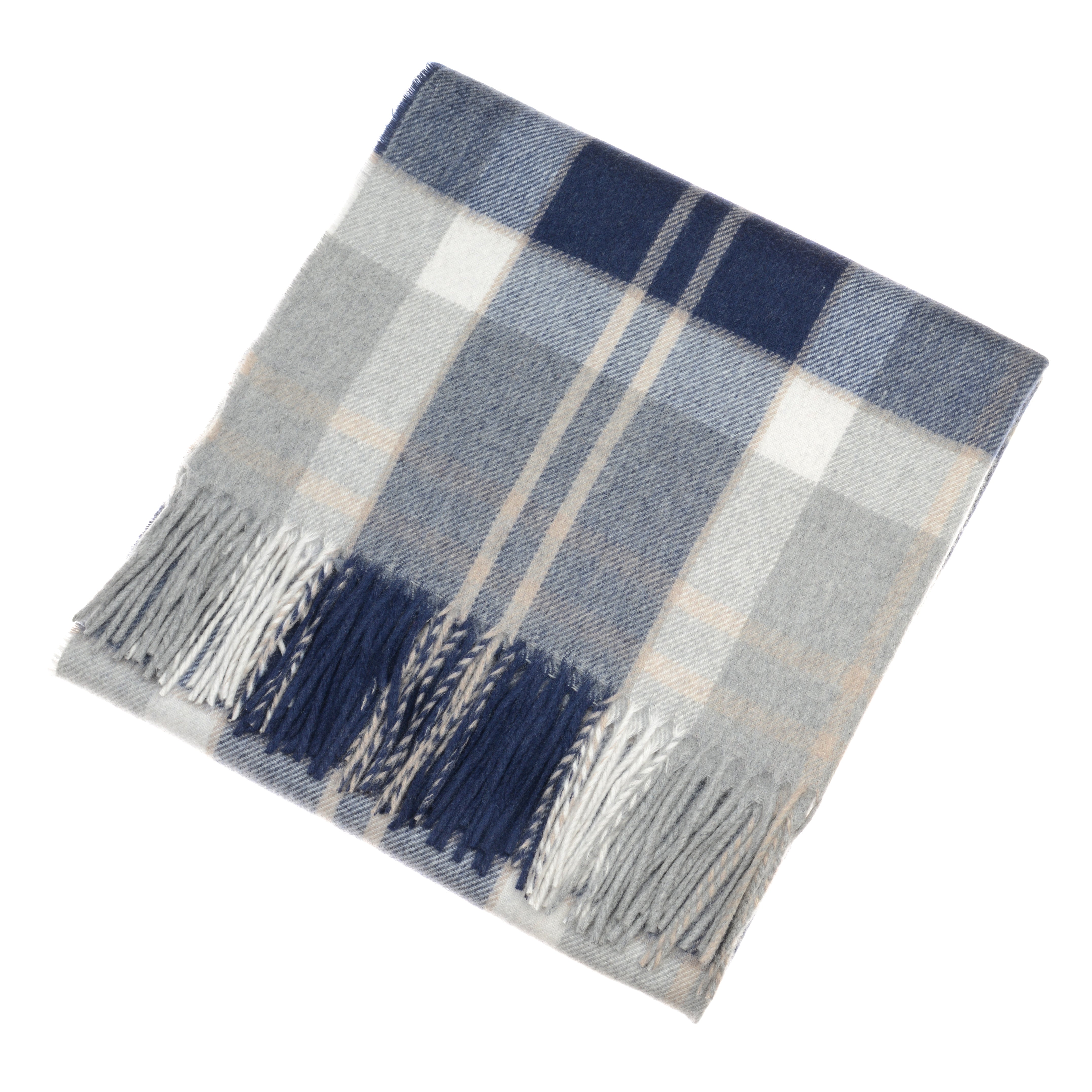 The Campbells of Beauly Cashmere Tartan Scarf features a classic plaid in blue, gray, white, and beige with fringed edges. Soft and elegant, its displayed against a white background to showcase its luxurious texture and timeless design.