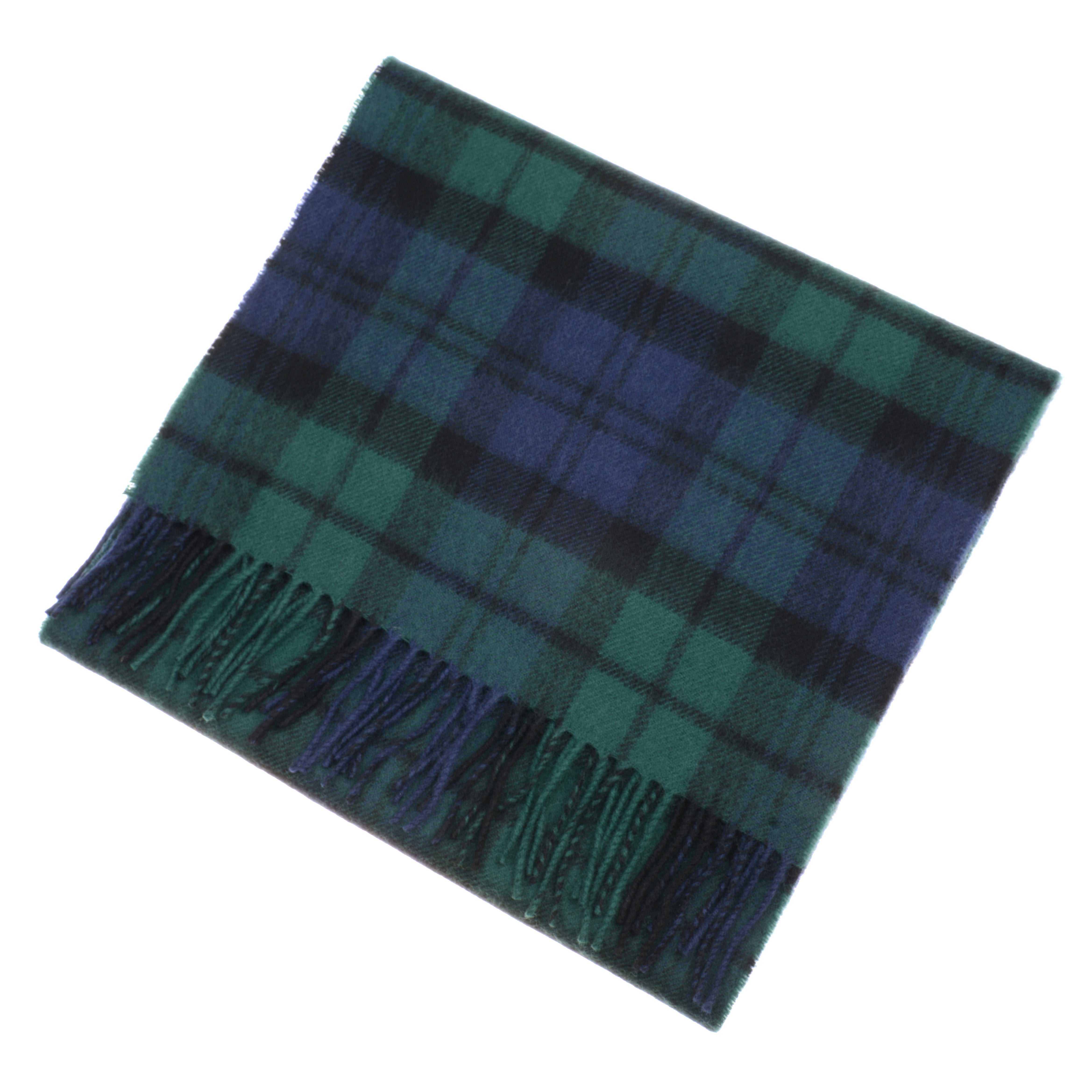 The Campbells of Beauly Cashmere Tartan Scarf features a green and blue plaid pattern with black accents, short fringes on one edge, and soft, thick cashmere fabric. The traditional tartan design stands out against a white background.