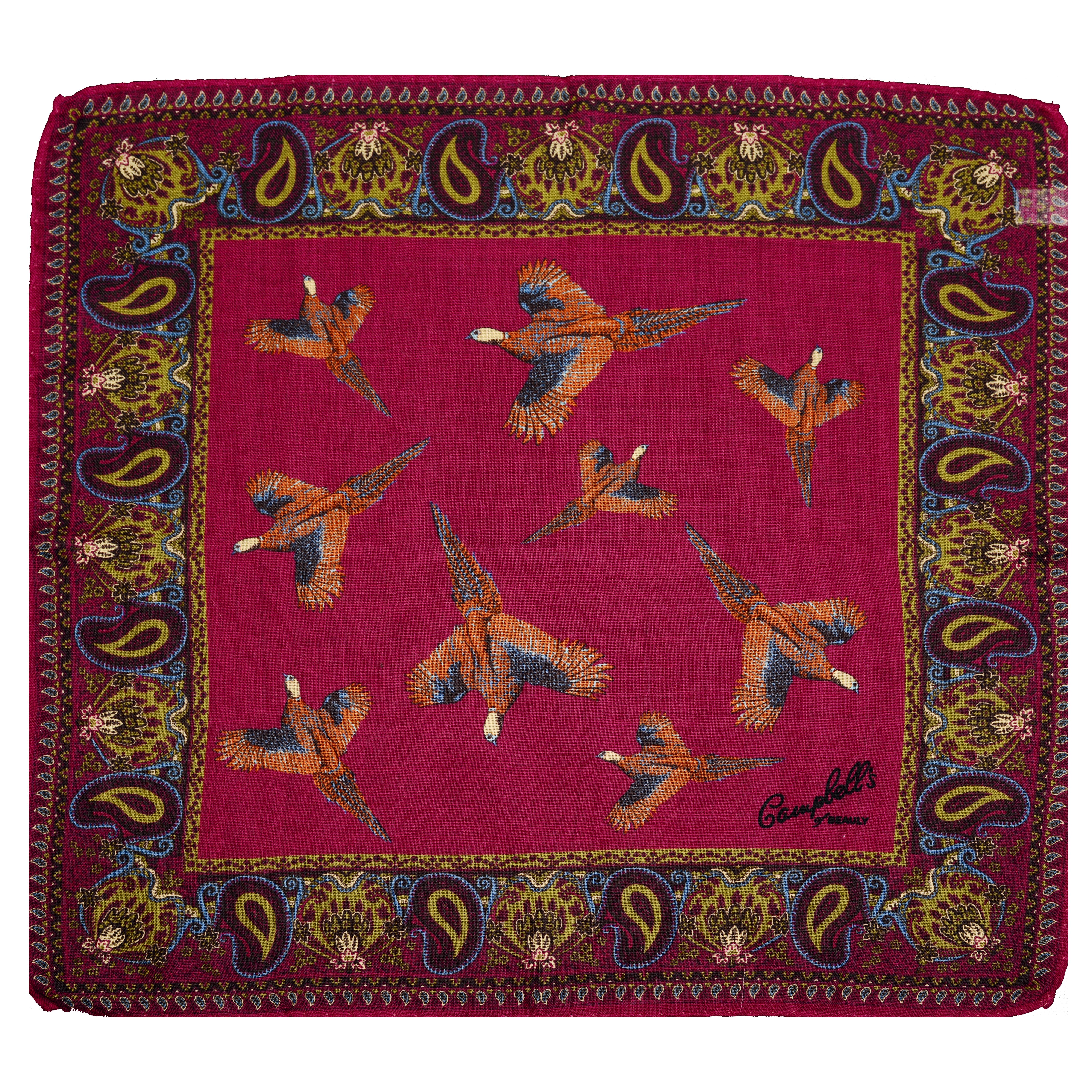 The Campbells of Beauly Wool & Silk Scarf is a square, red-patterned accessory featuring flying pheasants, a colorful paisley border with gold, blue, and green accents, and hand-rolled edges for a luxurious, versatile look.