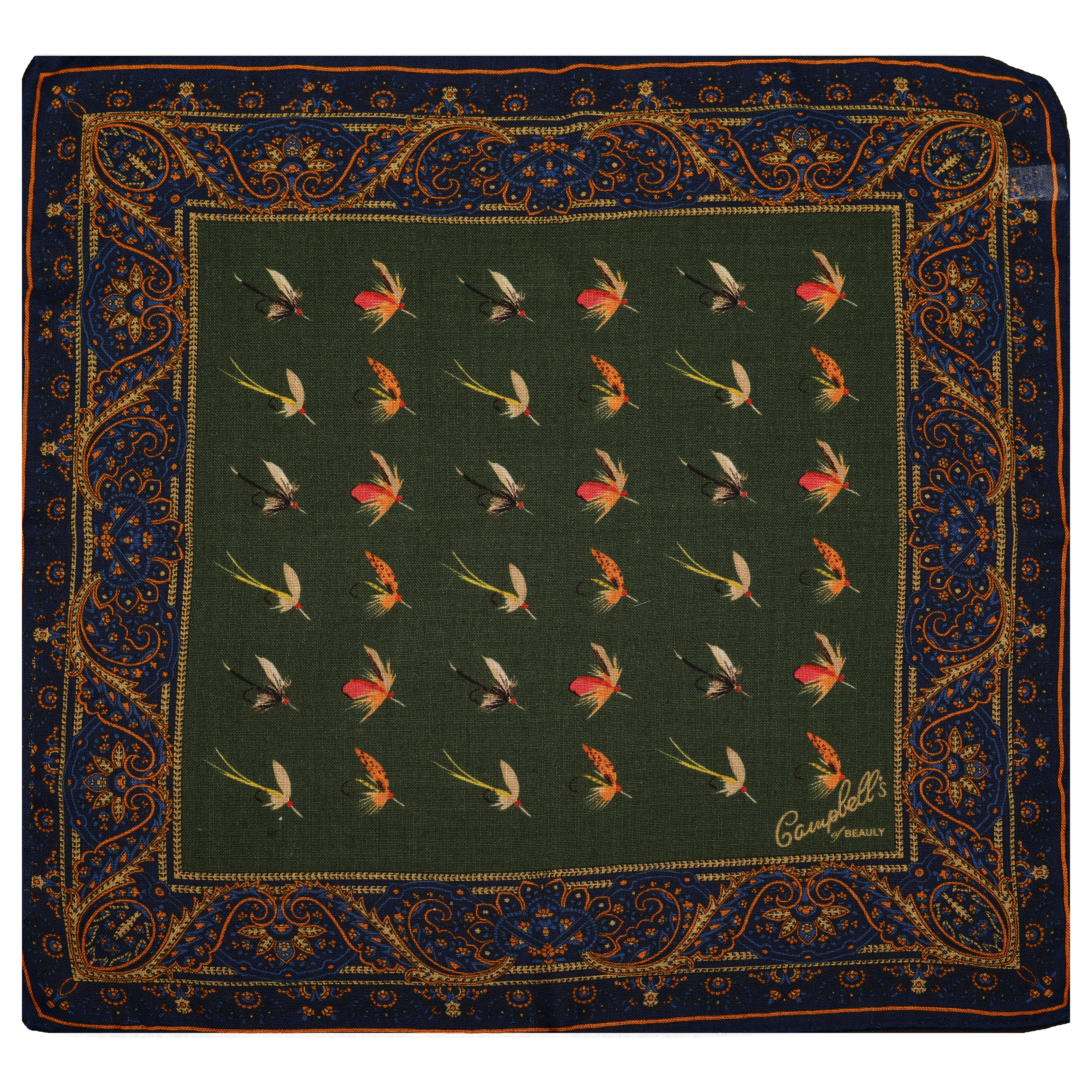 The Wool & Silk Scarf by Campbells of Beauly features a green center with rows of colorful fishing flies, a navy blue border with ornate gold and orange paisley, hand-rolled edges, and “Campbells of Beauly” and “Italy” in cursive in one corner.