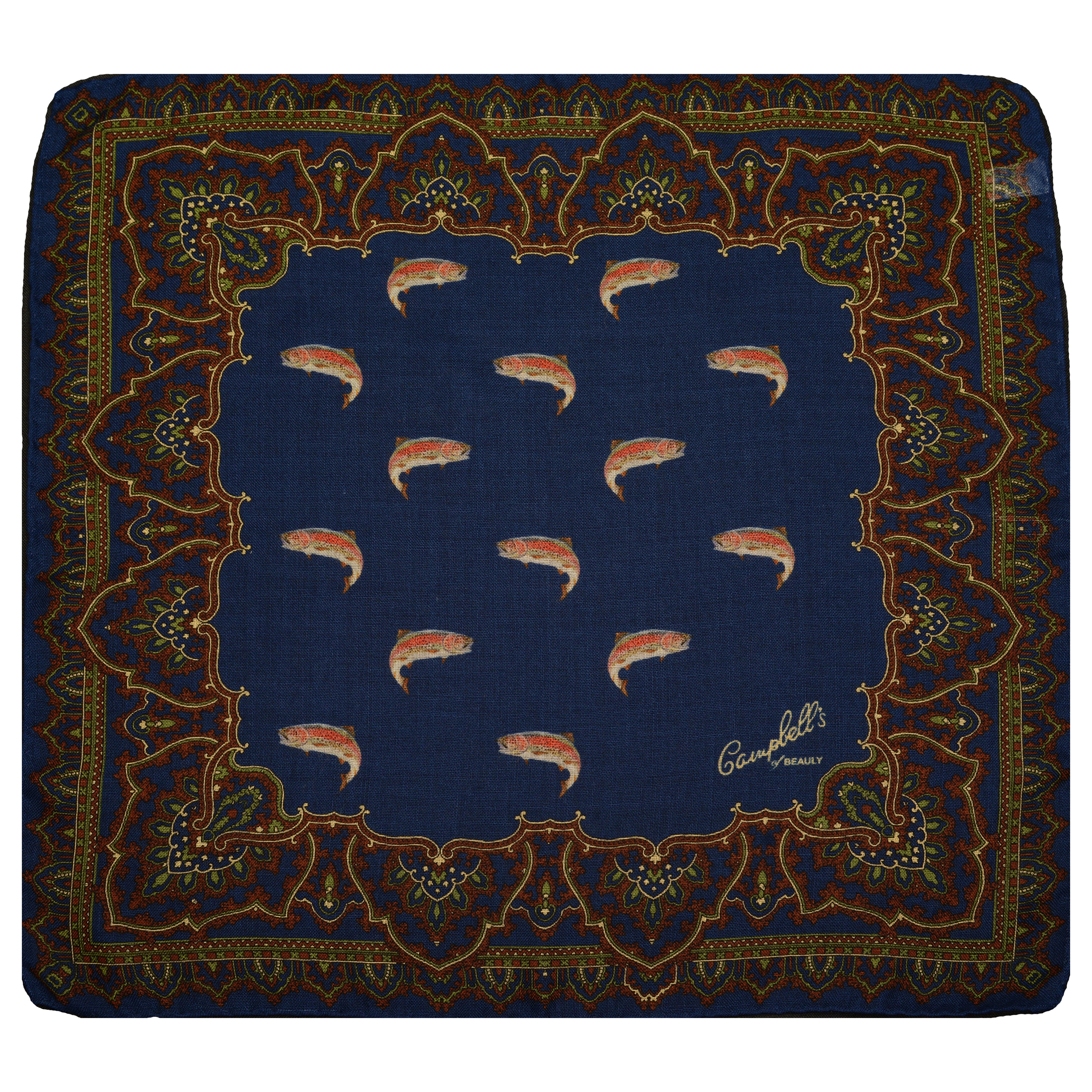 The Wool & Silk Hank by Campbells of Beauly is a navy pocket square with hand-rolled edges, a colorful red, green, and gold border, a repeating fish pattern center, and gold script branding in one corner.