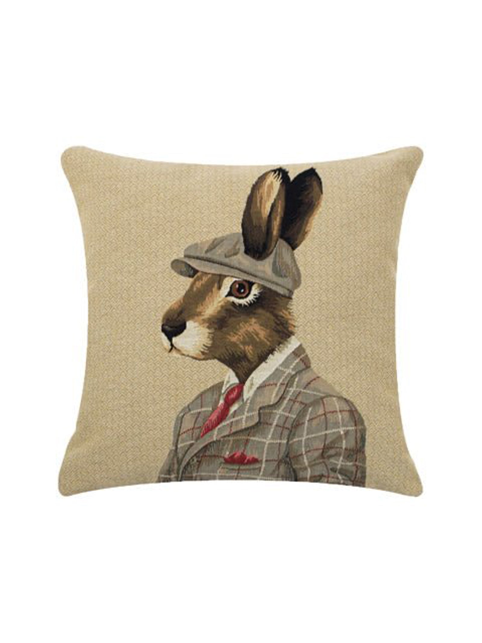 The Dapper Hare Cushion Cover by Campbell’s of Beauly showcases a charming illustration of a rabbit in a plaid suit, red tie, and flat cap against a beige background—perfect as a decorative or needlework cushion cover to add character to any space.