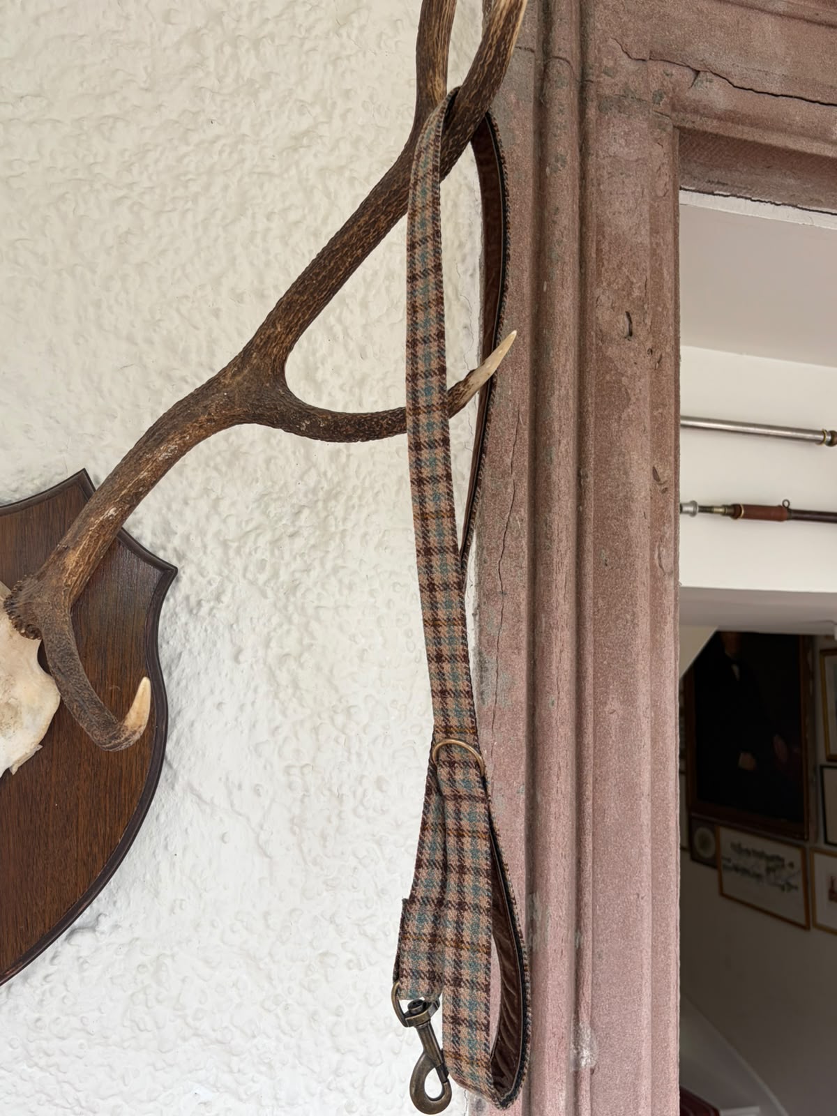 A brown and white deer antler mounted on a wall holds a Campbell's of Beauly House Tweed Dog Lead, next to a stone doorway with framed pictures visible in the background.