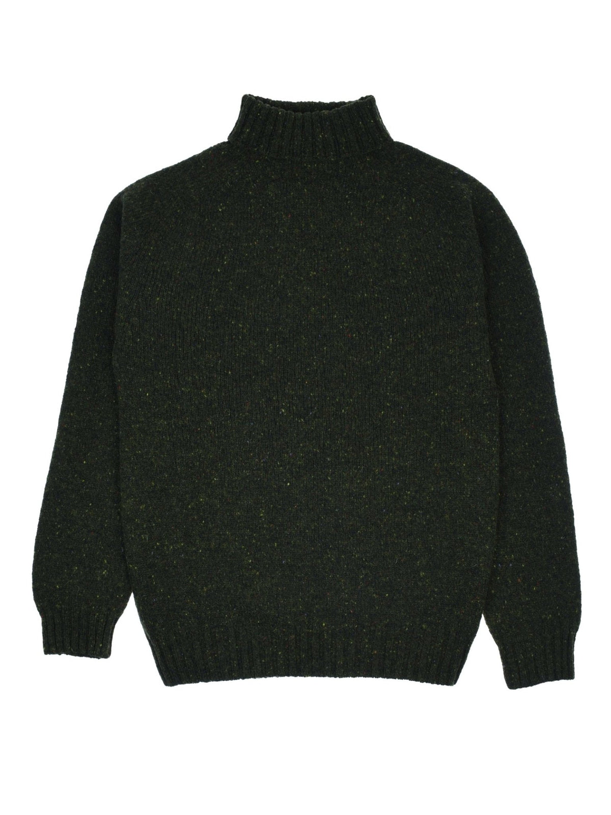 The Campbell’s of Beauly Donegal Lambswool Roll Neck, in a rich dark green hue, is laid flat to showcase its ribbed cuffs, collar, and hem. Crafted from luxurious Donegal lambswool with long sleeves and a high roll neck, this sweater is the ultimate winter staple.