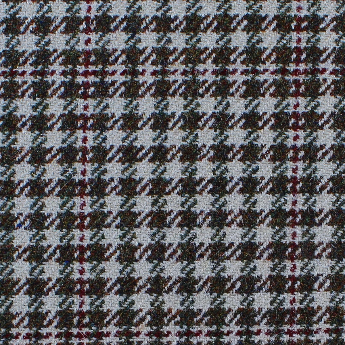 Estate Tweed 024 is a heavyweight estate weight tweed featuring a brown, cream, and white houndstooth pattern overlaid with a red and dark green windowpane check.