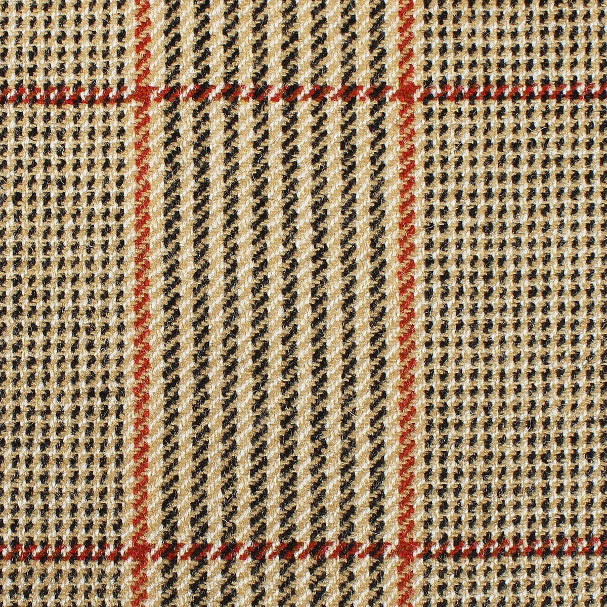 Lovat Mill Estate Tweed 027 heavyweight estate tweed fabric in a tan, black, and red plaid pattern.