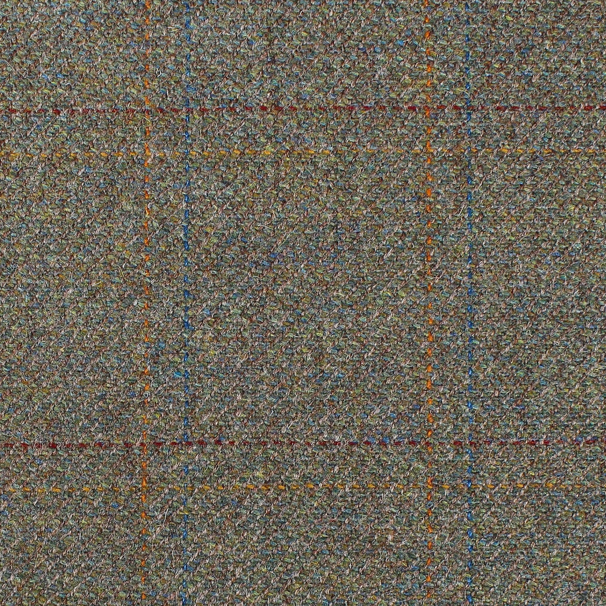 Lovat Mill Estate Tweed 037 in olive green with a subtle windowpane check pattern in blue, red, and orange threads.