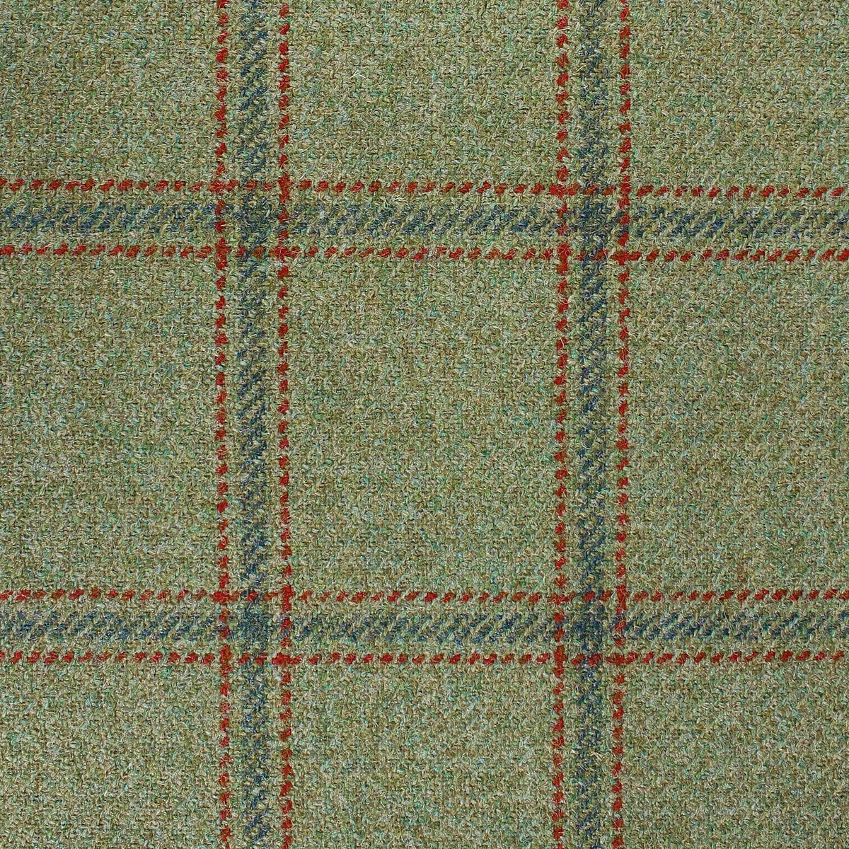 Estate Tweed 043 heavyweight wool tweed in green with a large-scale plaid pattern in red and dark blue.
