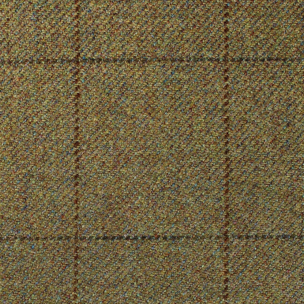 Estate Tweed 049 in a heavyweight sporting olive green tweed fabric featuring a subtle dark brown windowpane check pattern.
