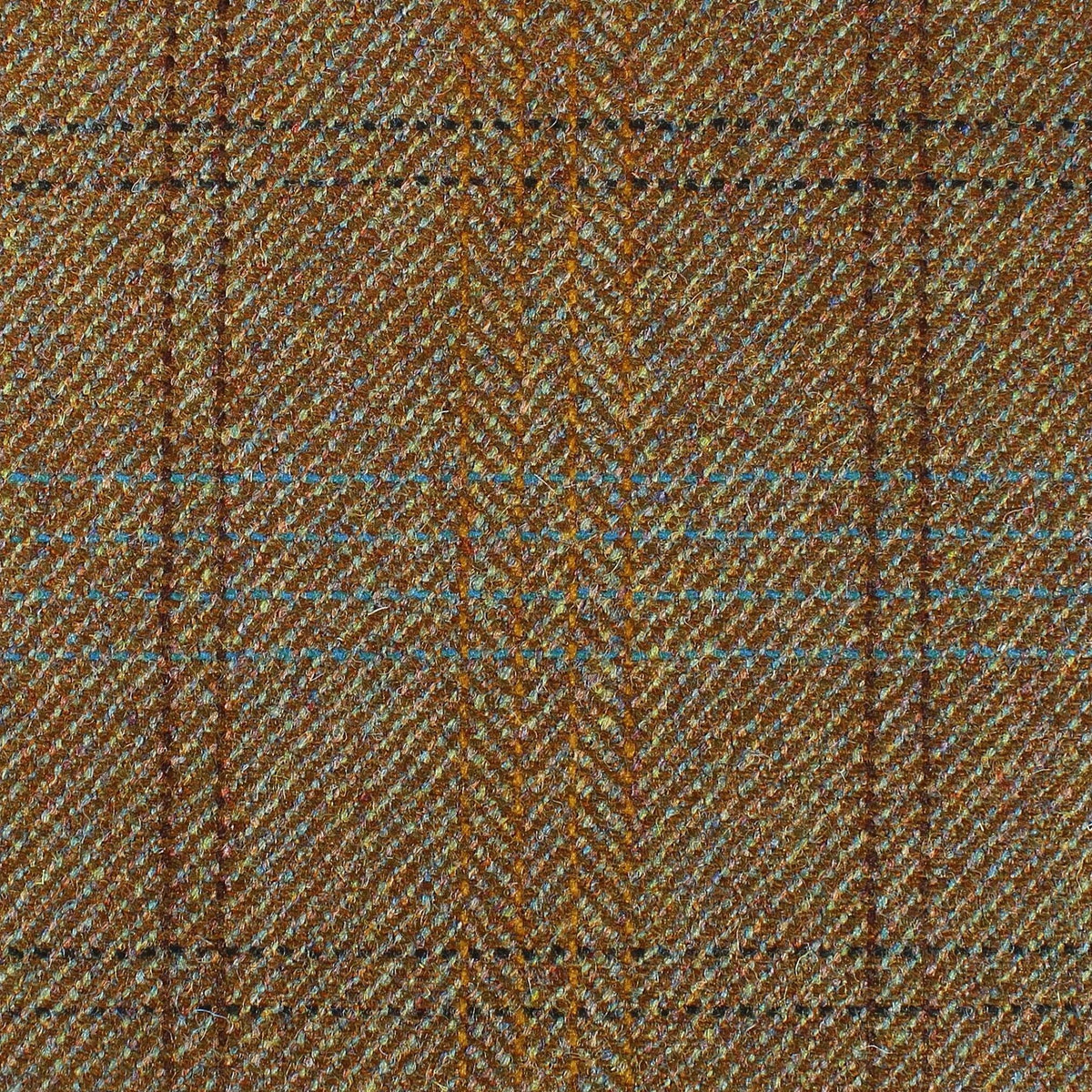 Estate Tweed 050 heavyweight Scottish estate tweed in a brown herringbone weave with a subtle windowpane check pattern in dark brown and thin blue lines.