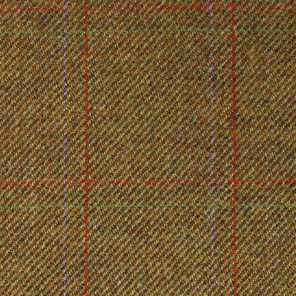 Estate Tweed 051 is an olive green heavyweight wool tweed with a diagonal twill weave and a subtle plaid pattern of thin red and light blue lines, evocative of traditional sporting cloth.