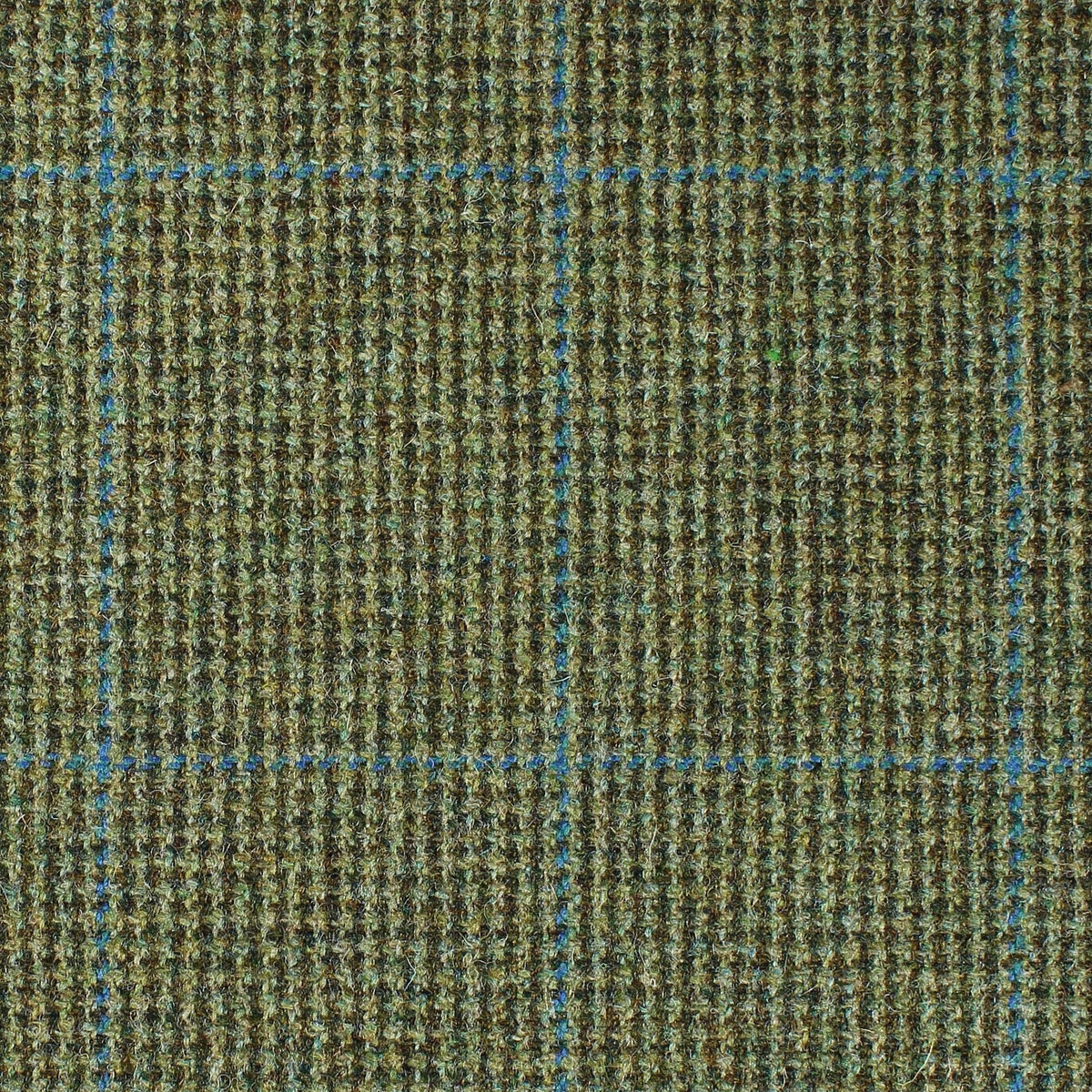 Estate Tweed 052 heavyweight olive green wool tweed featuring a subtle brown and blue windowpane check pattern.