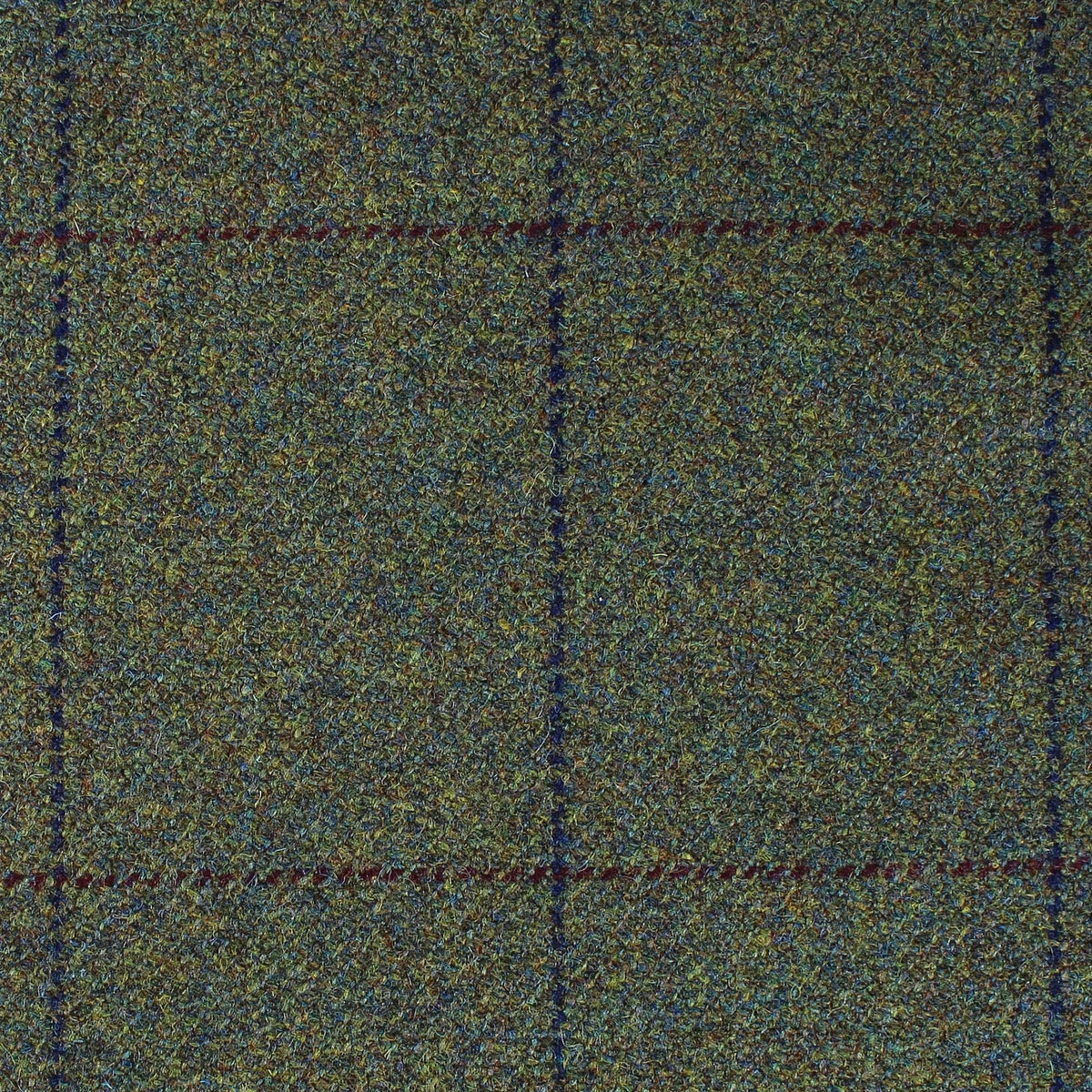 Estate Tweed 053 is a heavyweight olive green estate tweed wool featuring a subtle dark blue and burgundy windowpane check pattern.