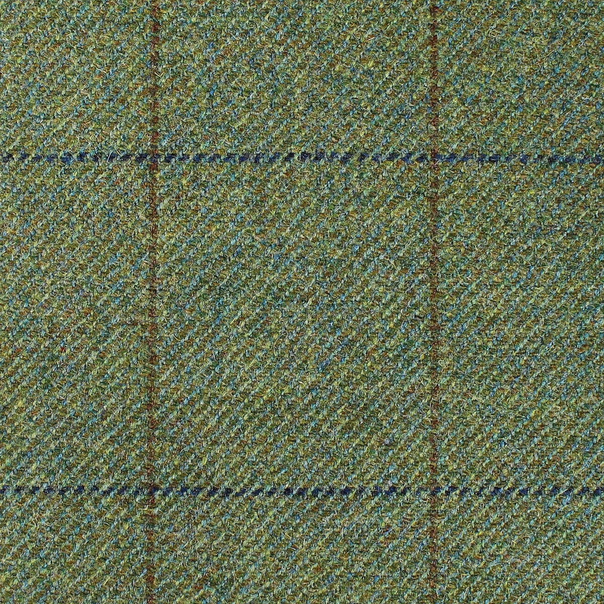 Estate Tweed 054 heavyweight olive green tweed fabric featuring a subtle dark brown and blue windowpane check pattern in the style of a traditional sporting cloth.