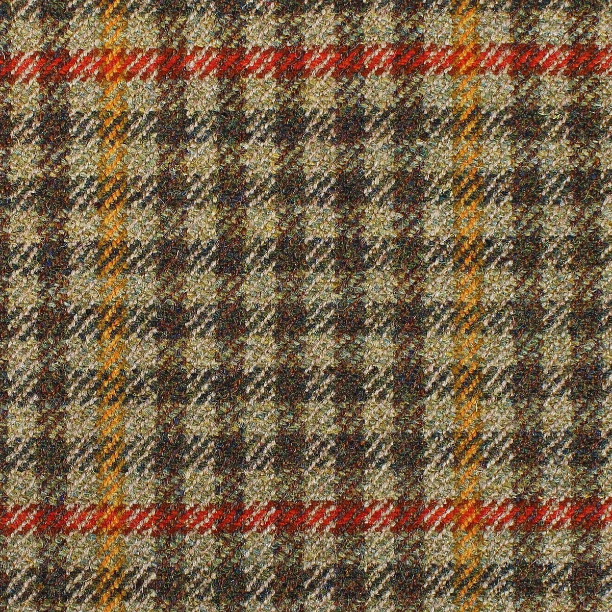 Estate Tweed 057 is a heavyweight estate tweed in a brown, green, and tan plaid pattern with thin red and orange stripes.