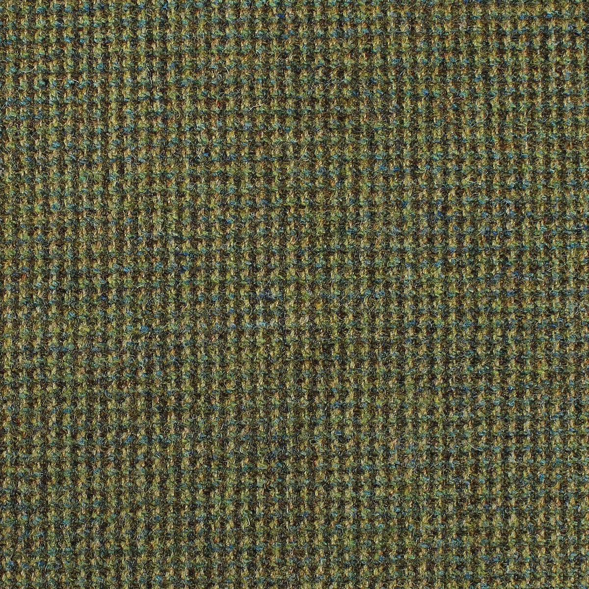 Close-up of Lovat Mill Estate Tweed 059 heavyweight estate tweed fabric in green and brown with a small-scale textured weave.
