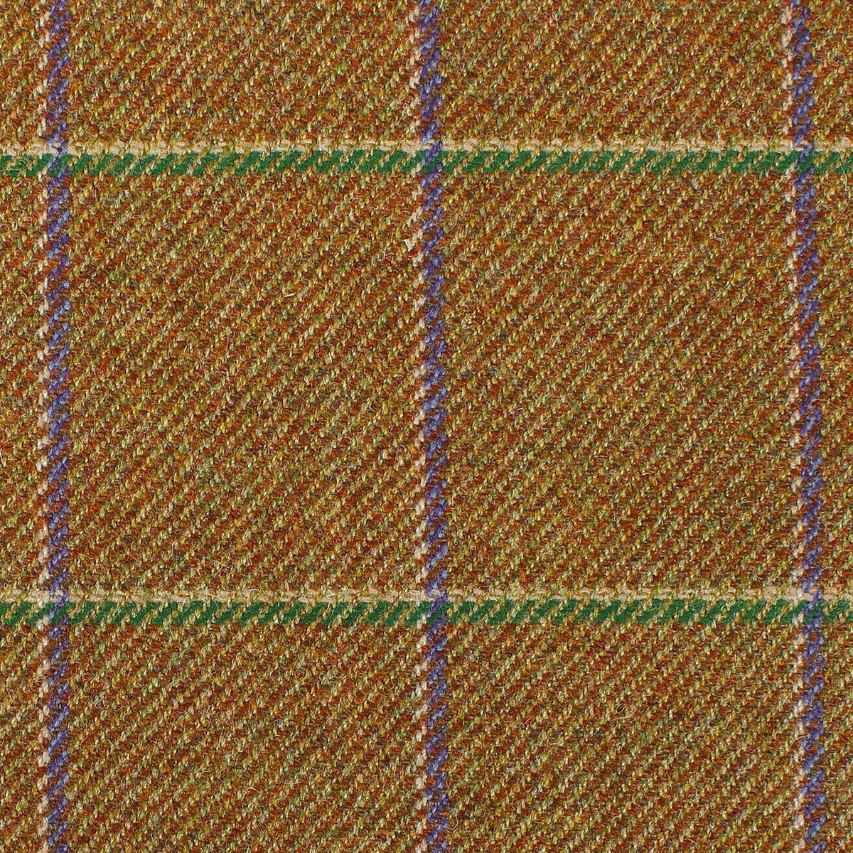 Estate Tweed 064 is a heavyweight estate tweed in brown with a purple and green windowpane check pattern.