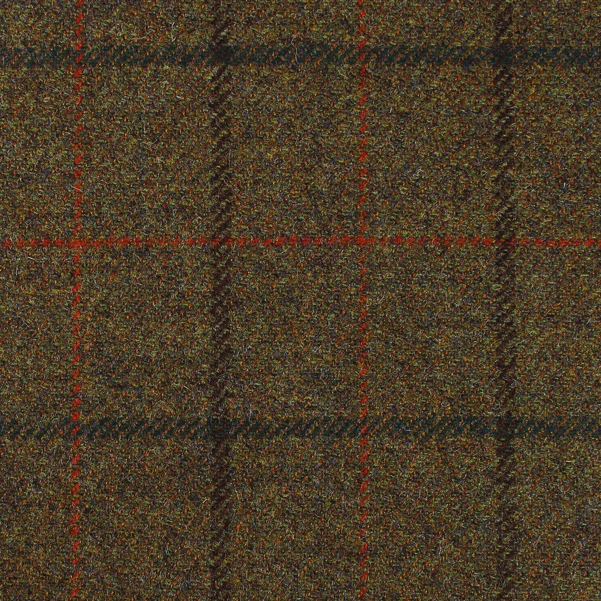 Lovat Mill Estate Tweed 065 is a heavyweight olive green estate tweed featuring a dark brown and red plaid check pattern.