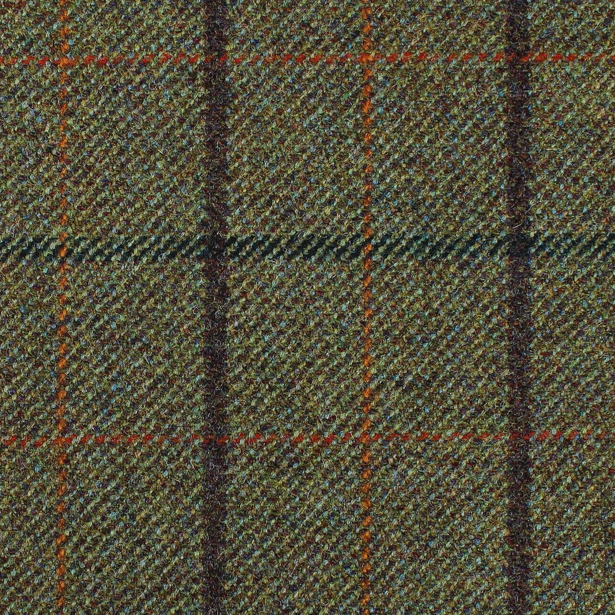 Lovat Mill Estate Tweed 067 heavyweight olive green estate tweed featuring a dark brown and rust orange windowpane check pattern.