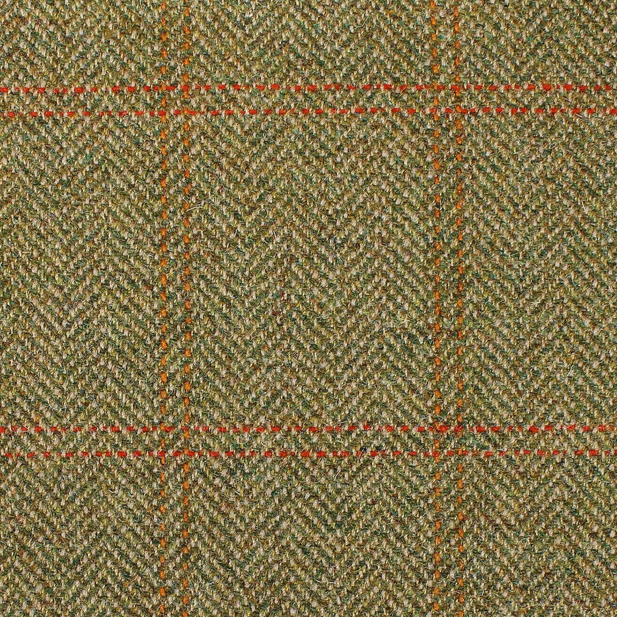 Estate Tweed 069 in olive green herringbone heavyweight sporting tweed with an orange and red windowpane check pattern.