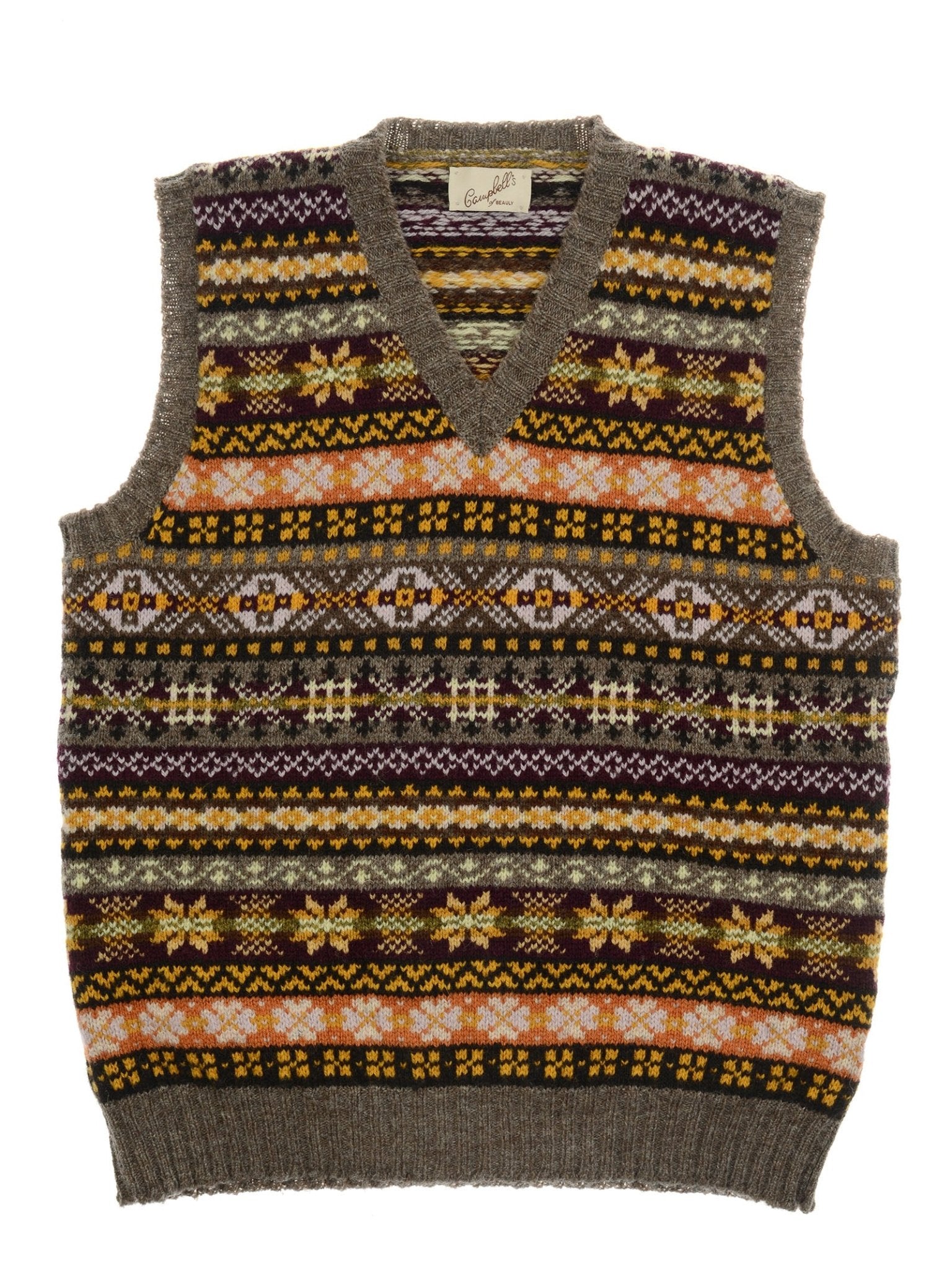 The Fairisle Slipover by Campbell’s of Beauly is a sleeveless V-neck sweater vest, expertly crafted from soft Shetland wool. It features a traditional and colorful Fair Isle pattern in yellow, orange, brown, and white against a classic gray background.