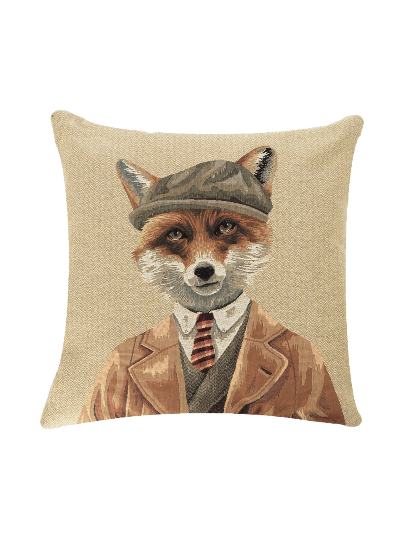 A decorative Campbell’s of Beauly Fantastic Mr Fox Cushion Cover featuring an illustration of a fox dressed in a brown suit, tie, vest, and flat cap against a light beige background.