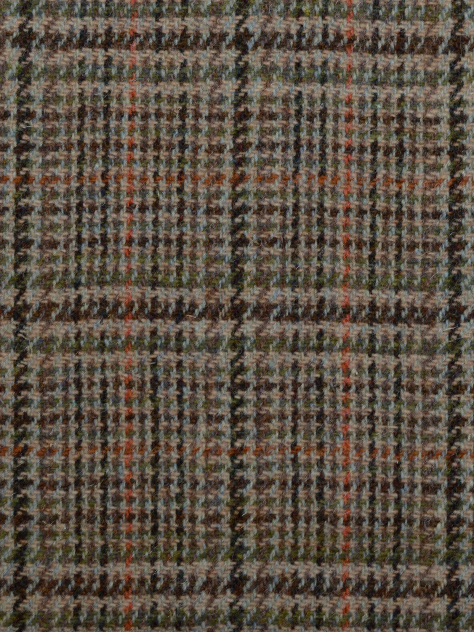 Close-up of House Tweed 93908 by Campbell's of Beauly, showcasing brown, grey, and orange check patterns. Large squares and dense grids highlight traditional Scottish weaving in this woolly, textured fabric.