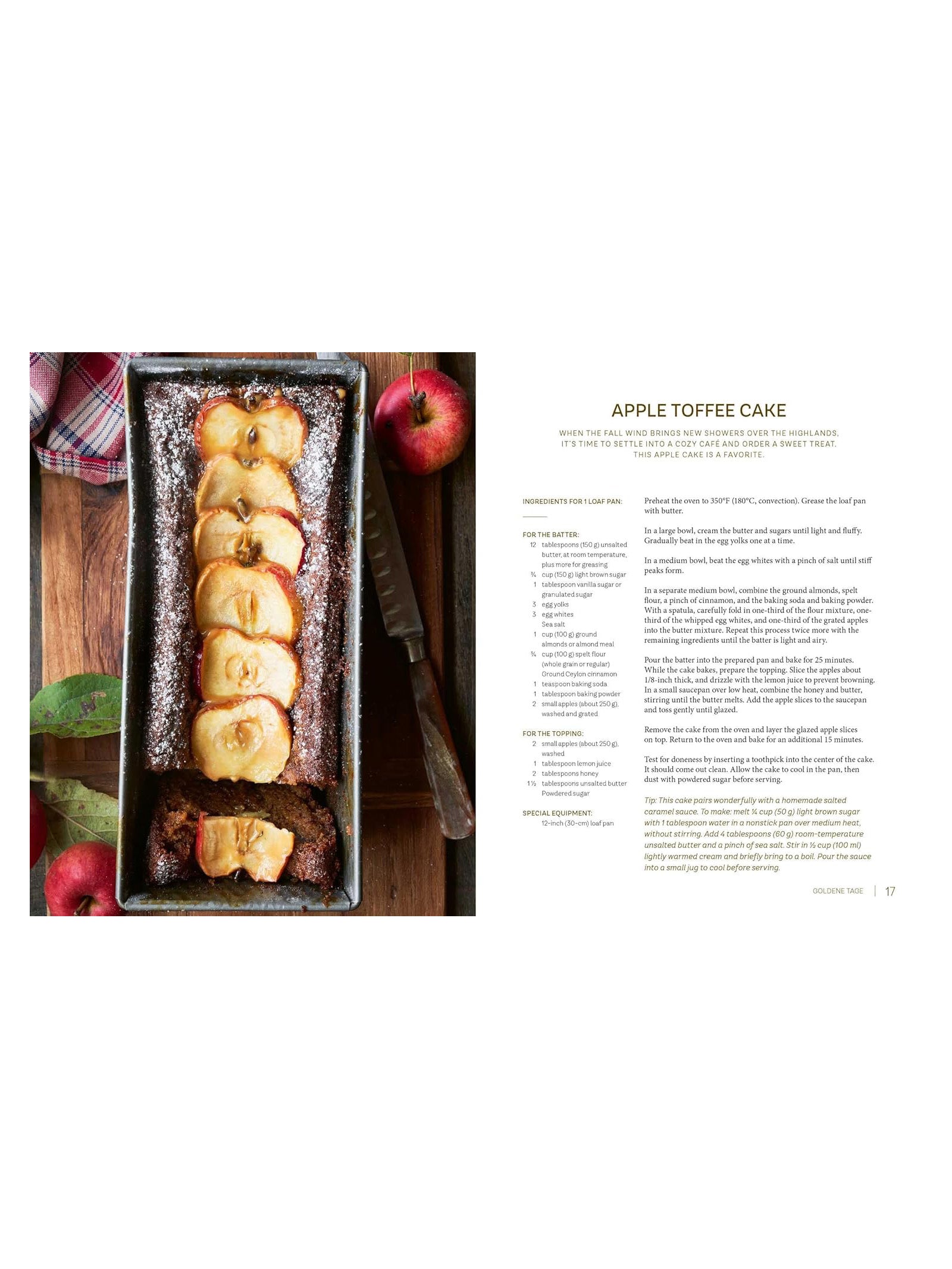 A rectangular toffee cake with baked apple slices sits in a loaf pan, next to the Highland Harvest Book by Campbell's of Beauly, shown on a white background. Red apples and a knife surround the cake.