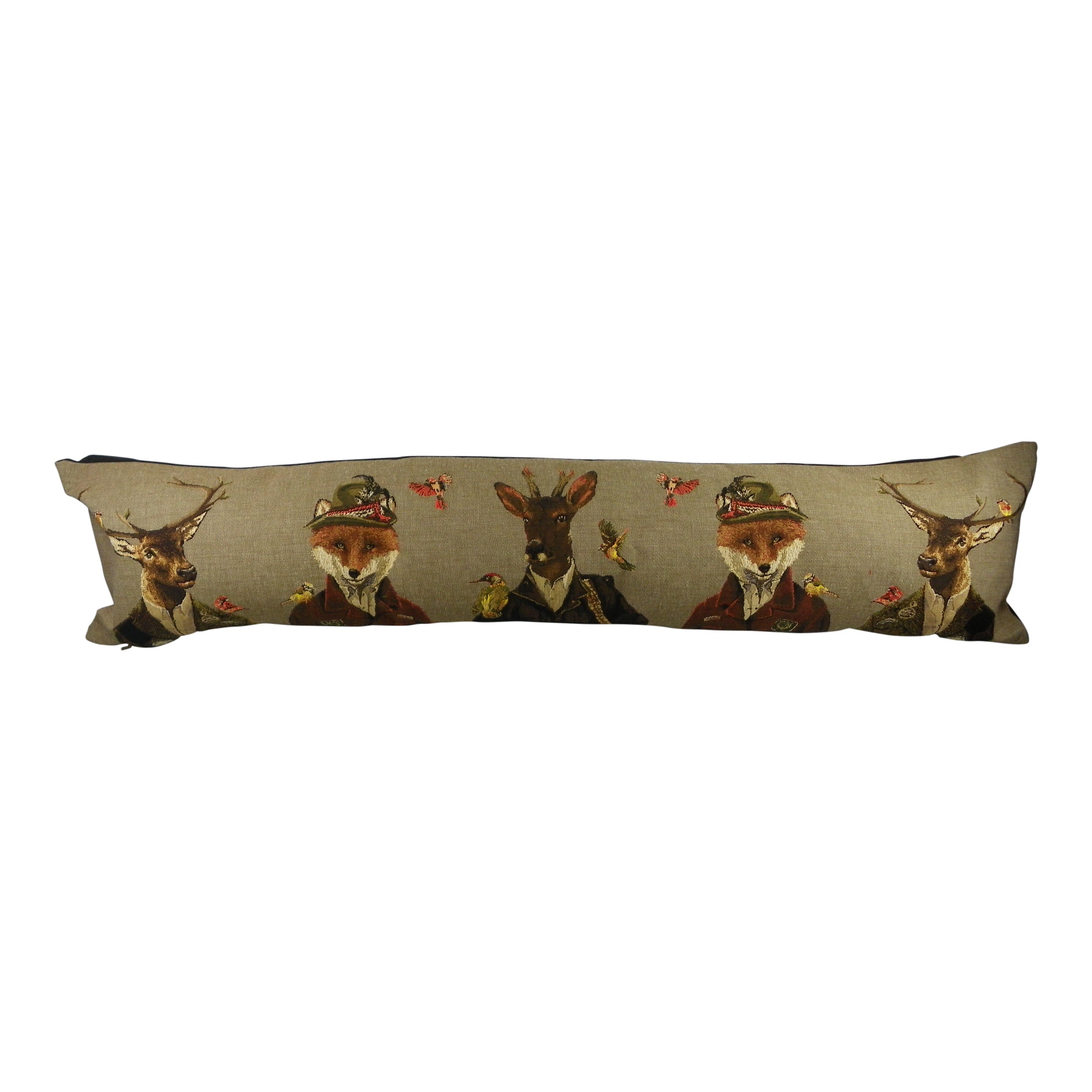 The Hunters Draught Excluder by Campbells of Beauly is a stylish rectangular home accessory featuring foxes and stags in vintage attire, complete with birds and butterflies on a beige background.