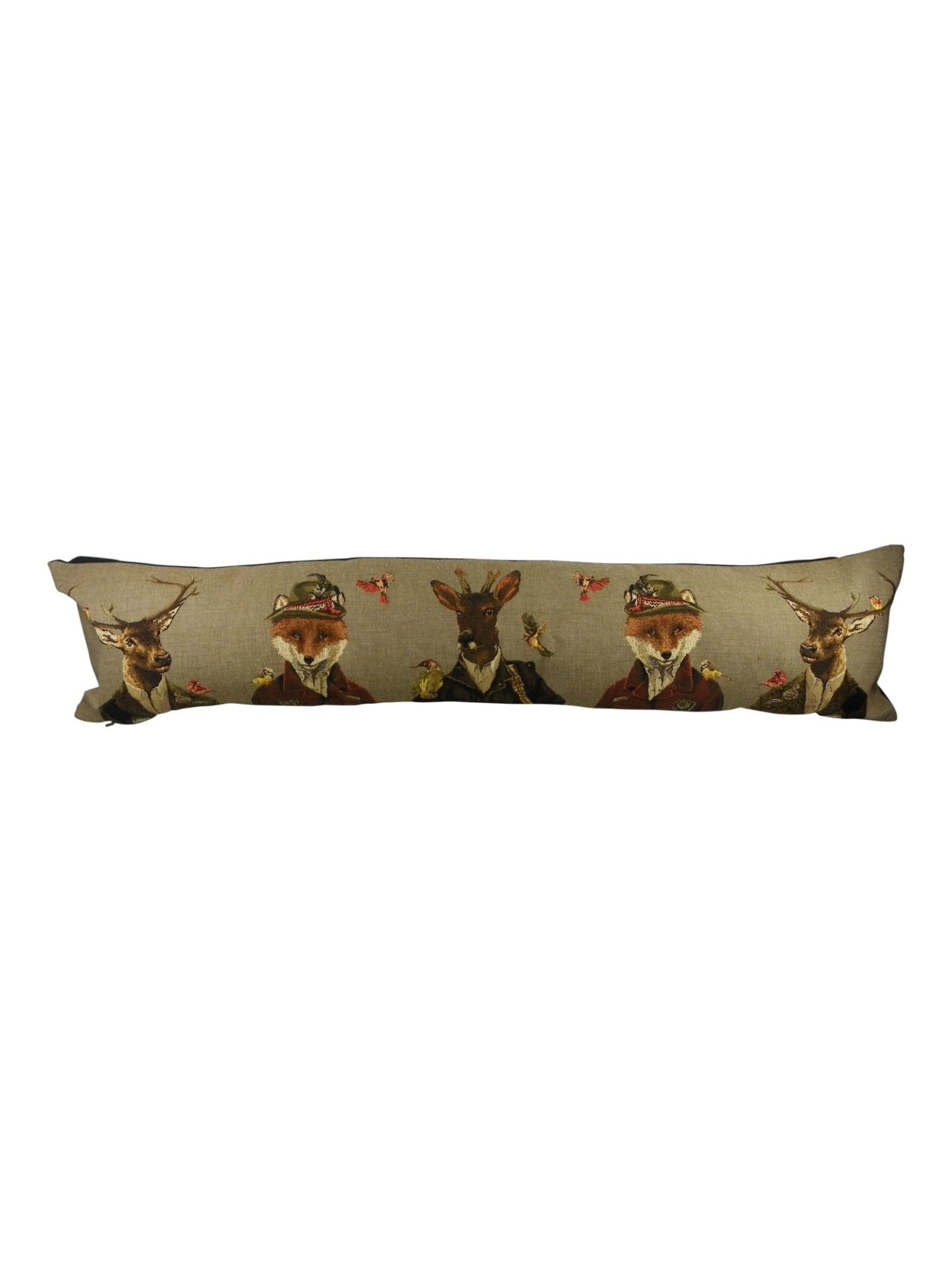 Introducing the Hunters Draught Excluder from Campbell’s of Beauly—a long beige needlework draught excluder adorned with delightful illustrations of foxes, stags, and a rabbit, all sporting jackets and hats, accompanied by small birds perched nearby. Perfect as a whimsical bolster cushion for your door or window.