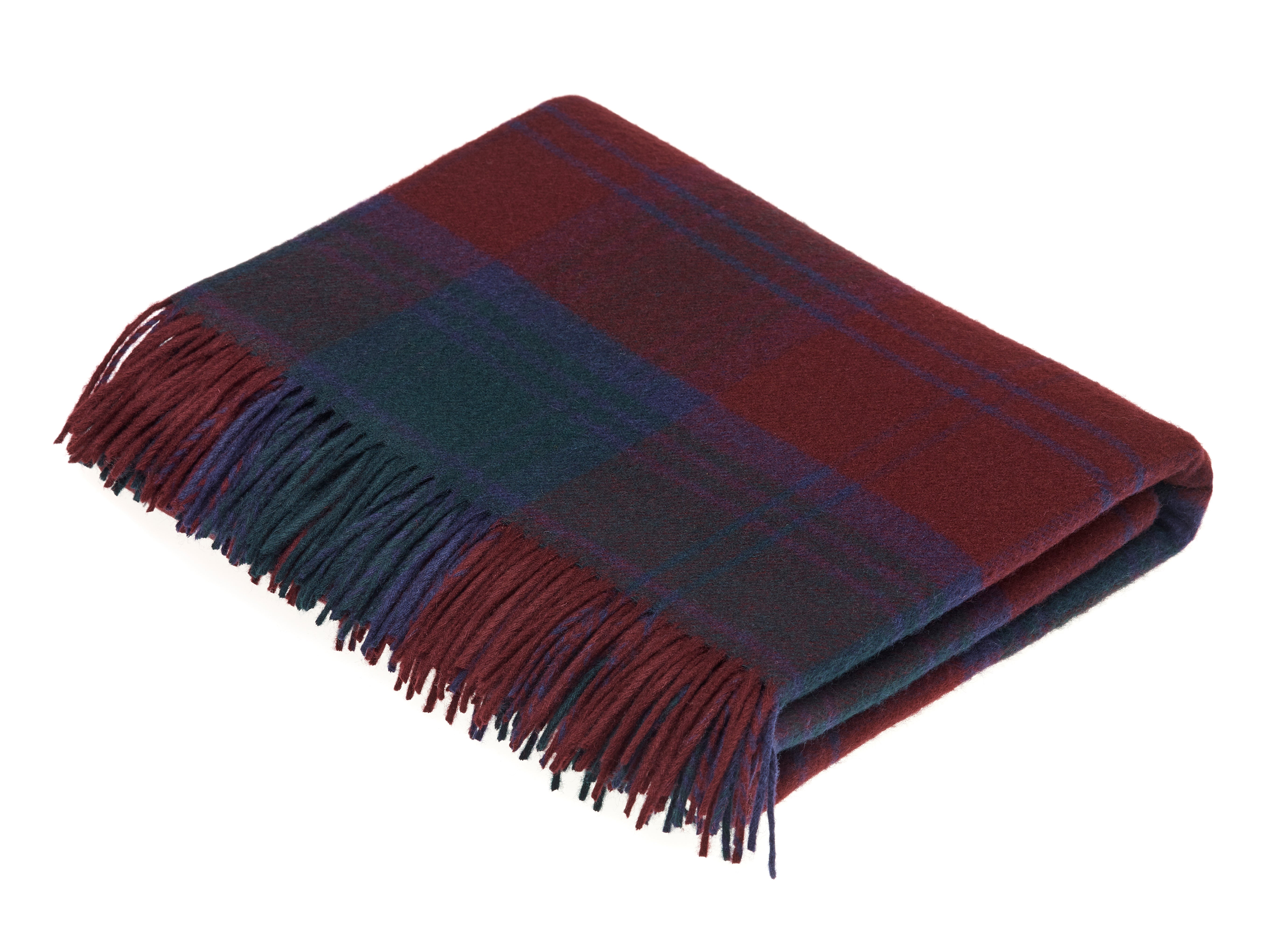 The Lindsay Tartan Lambswool Blanket by Campbells of Beauly features a classic plaid in dark red, navy, and black, fringed edges with blue and red strands, and showcases traditional Yorkshire craftsmanship for a cozy look.