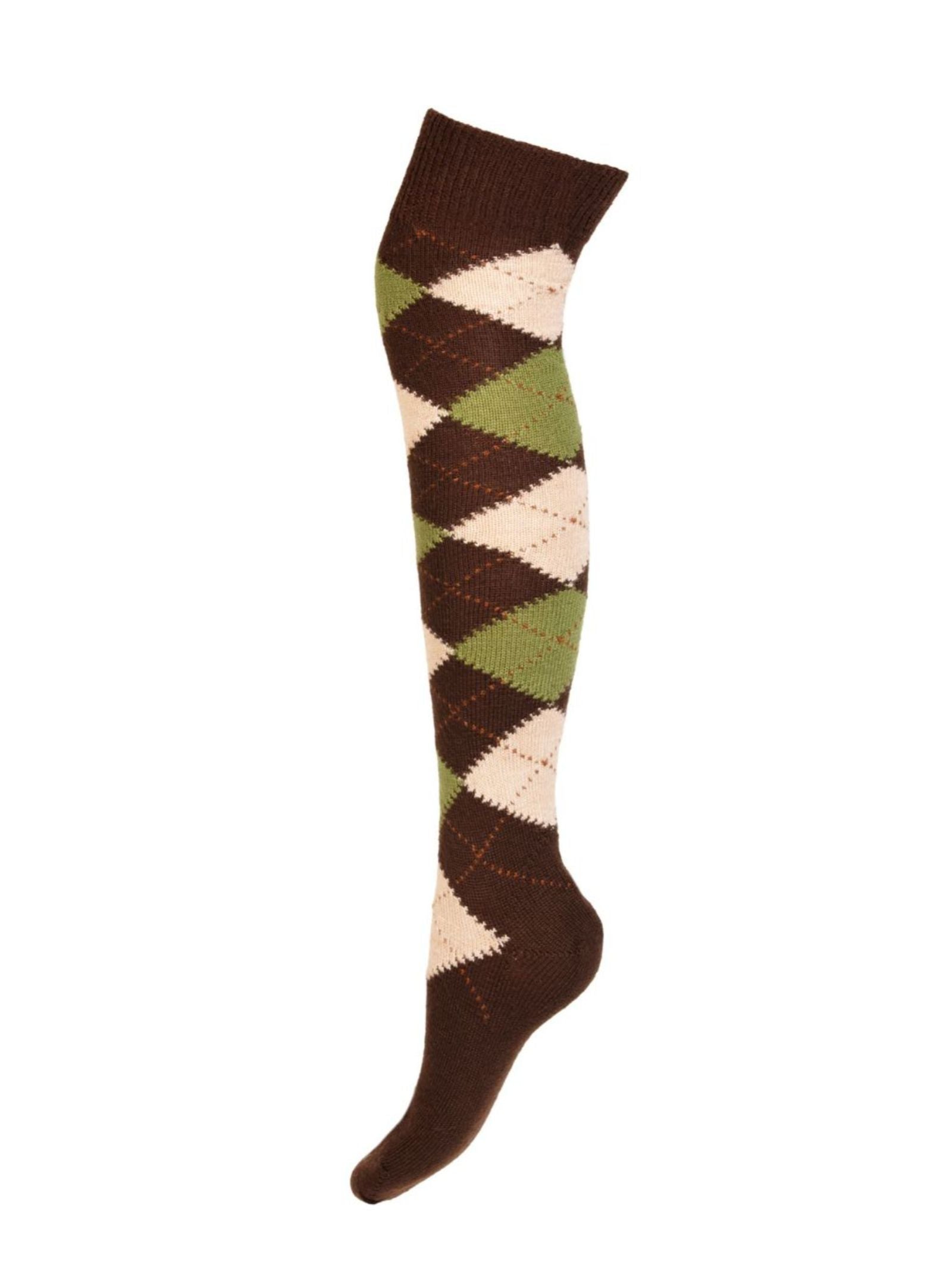 The Campbell's of Beauly Argyle Sock is a single, knee-high sock handmade in Scotland from soft merino wool, featuring a classic brown, green, and cream pattern and shown on a white background.