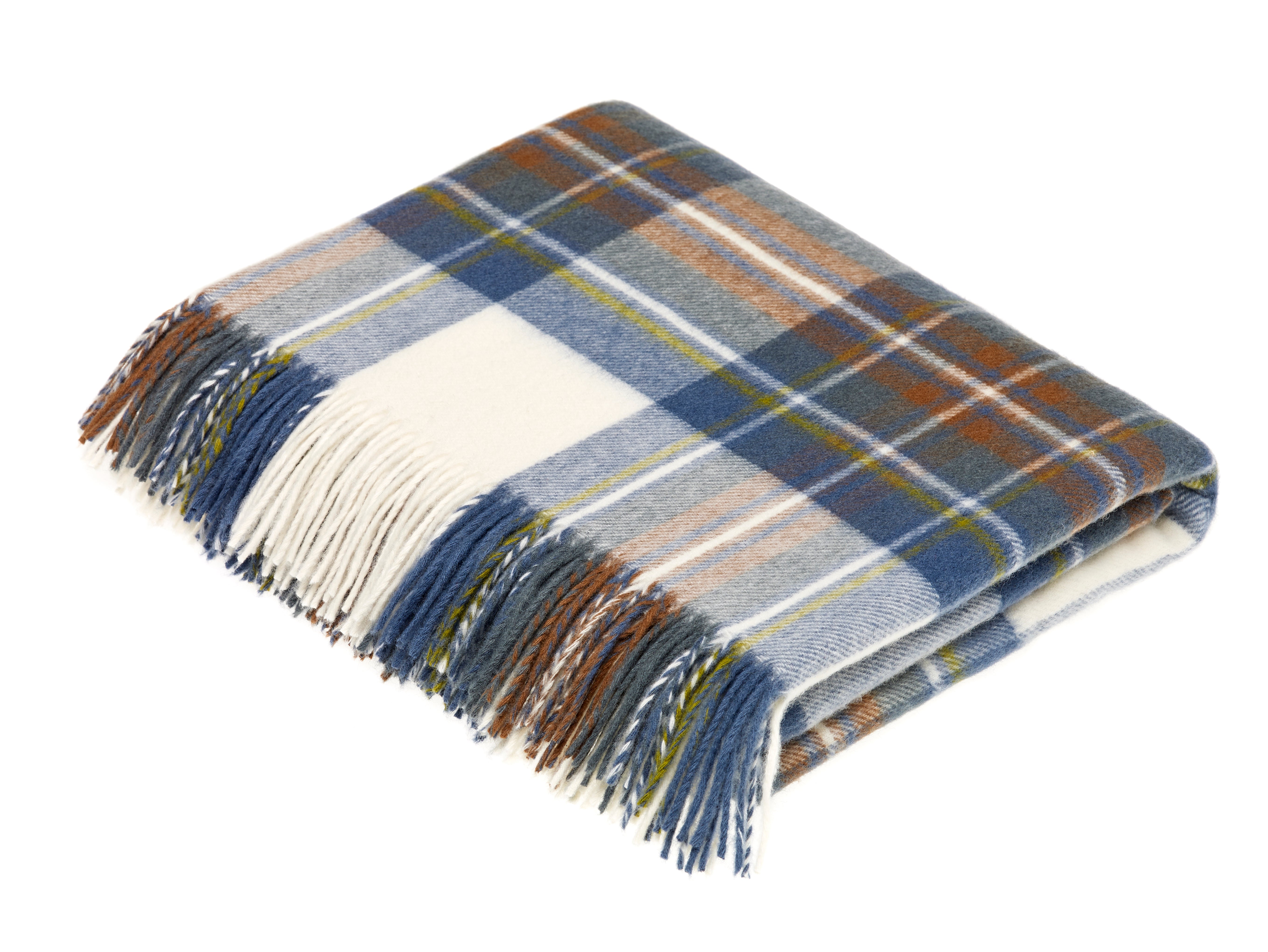 The Campbells of Beauly Muted Blue Stewart Tartan Lambswool Blanket features a soft plaid in blue, white, brown, gray, and green with fringed edges. Yorkshire-inspired design is shown neatly folded on a plain white background.