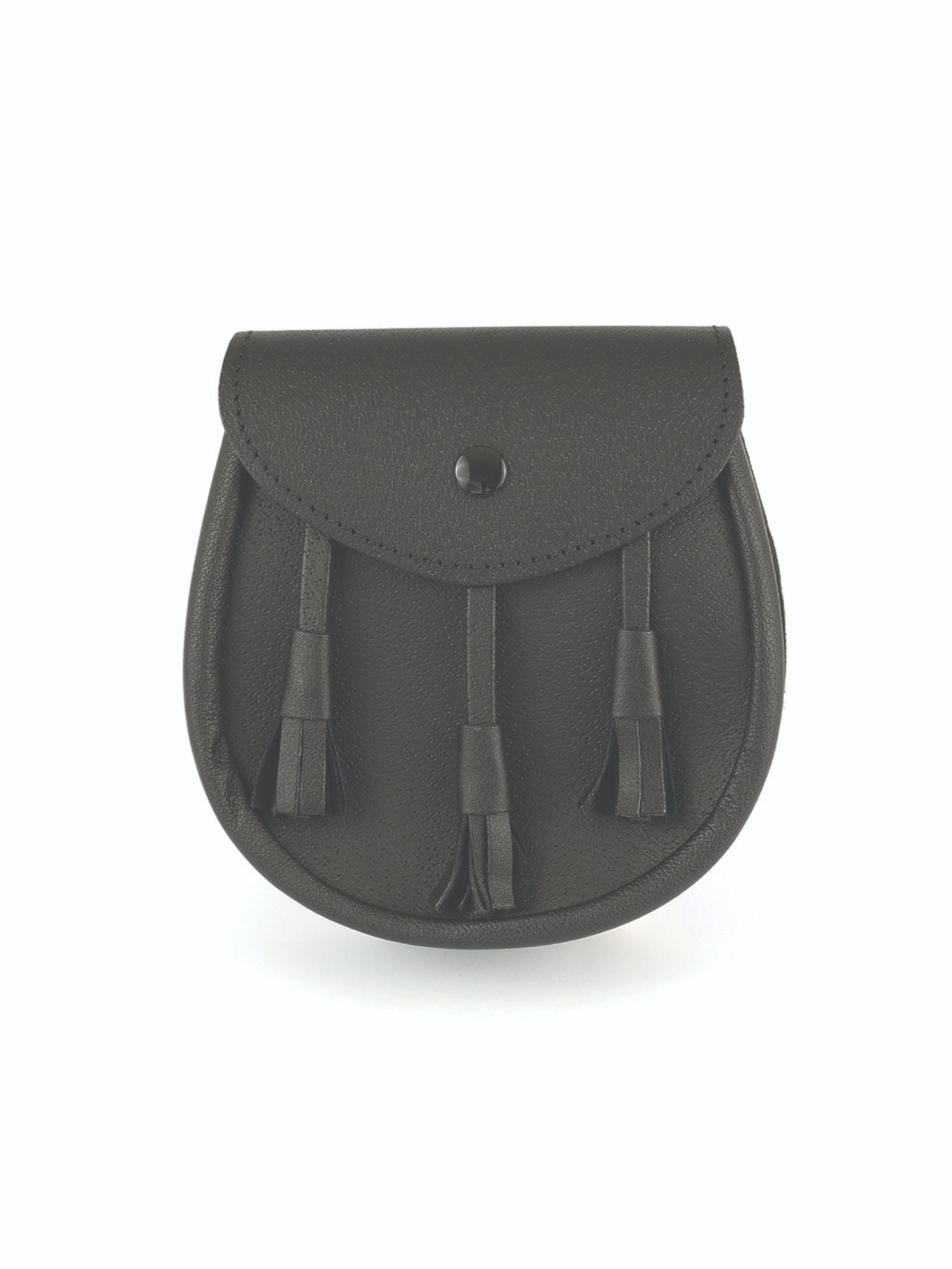 The Campbell's of Beauly Leather Daywear Sporran is a black, rounded leather pouch with a flap and snap closure, featuring three front tassels; displayed against a plain white background.