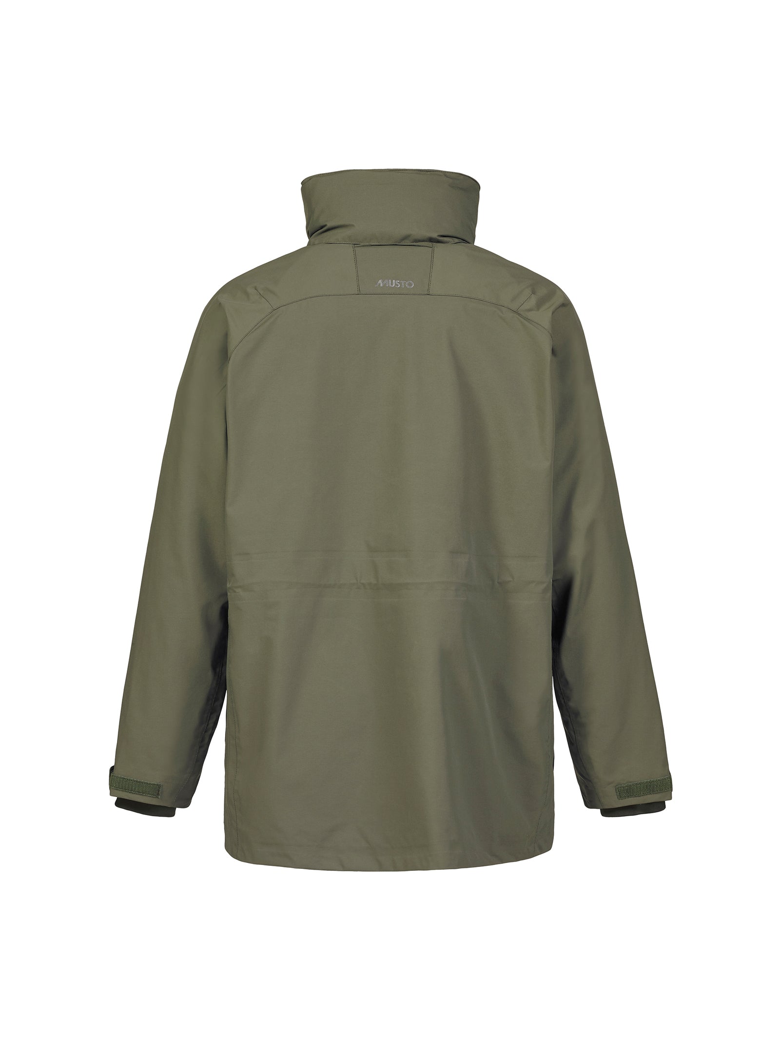 Back view of the Musto Fenland Jacket 2.0 in olive green, featuring long sleeves, a high collar, adjustable cuffs, smooth weather-resistant material, lightweight packable design, and subtle branding at the upper back.