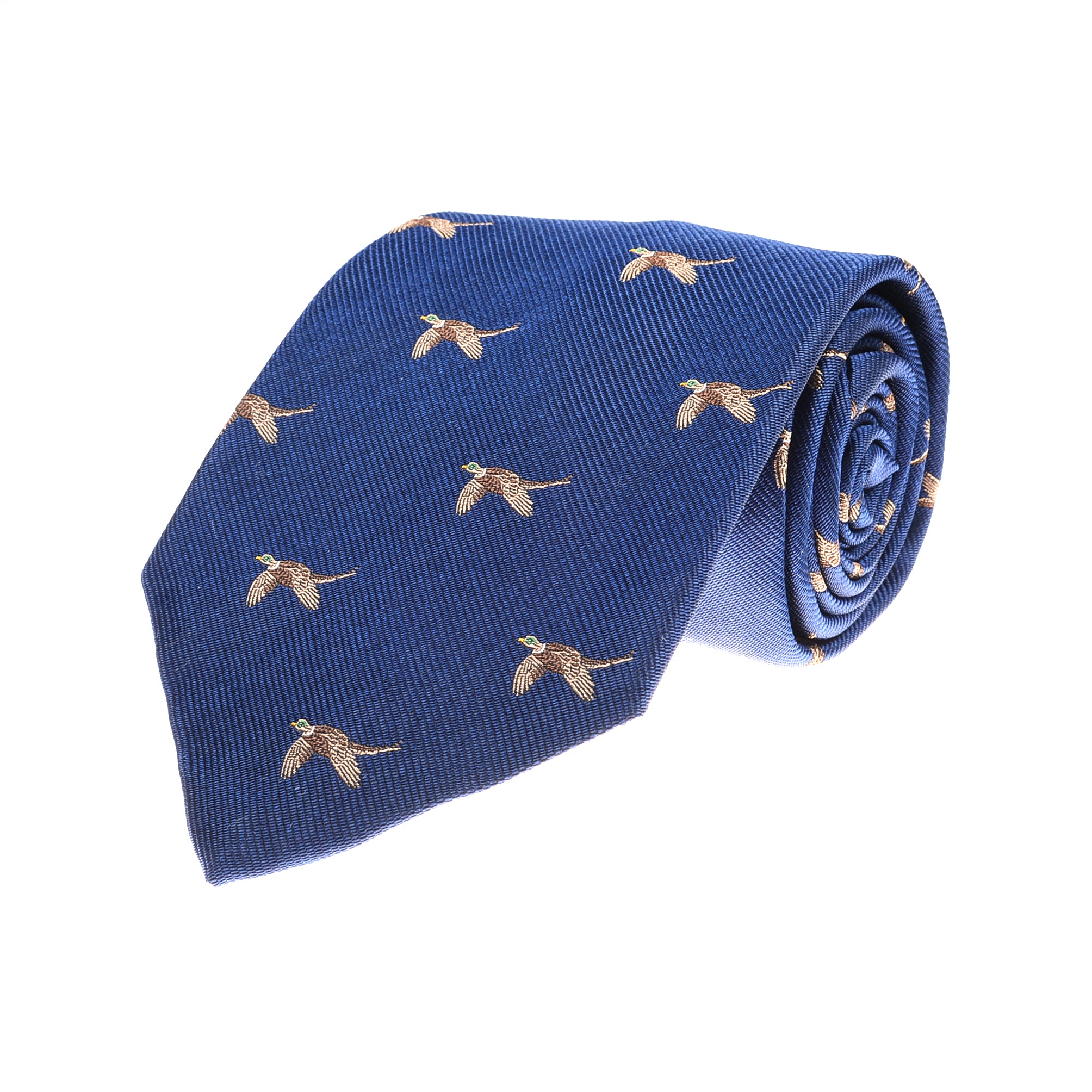 The Campbell’s of Beauly Pheasant Flying Silk Tie features small light brown and white flying pheasants on blue silk, capturing classic countryside charm. Shown rolled on a white background.
