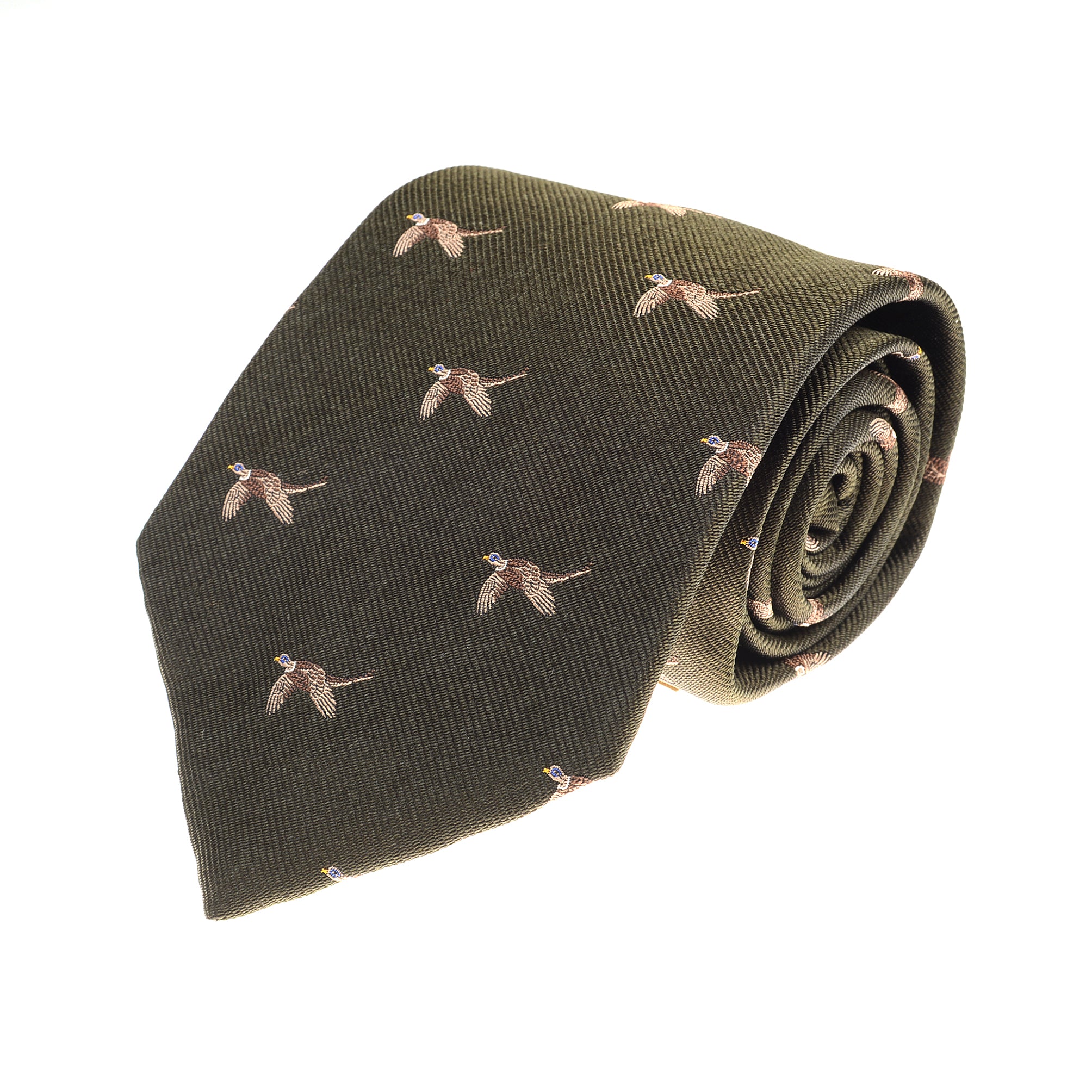 The Pheasant Flying Silk Tie by Campbells of Beauly is a rolled dark green silk tie with a subtle ribbed texture, featuring brown and white embroidered flying pheasants, evoking classic countryside charm. Shown on a white background.