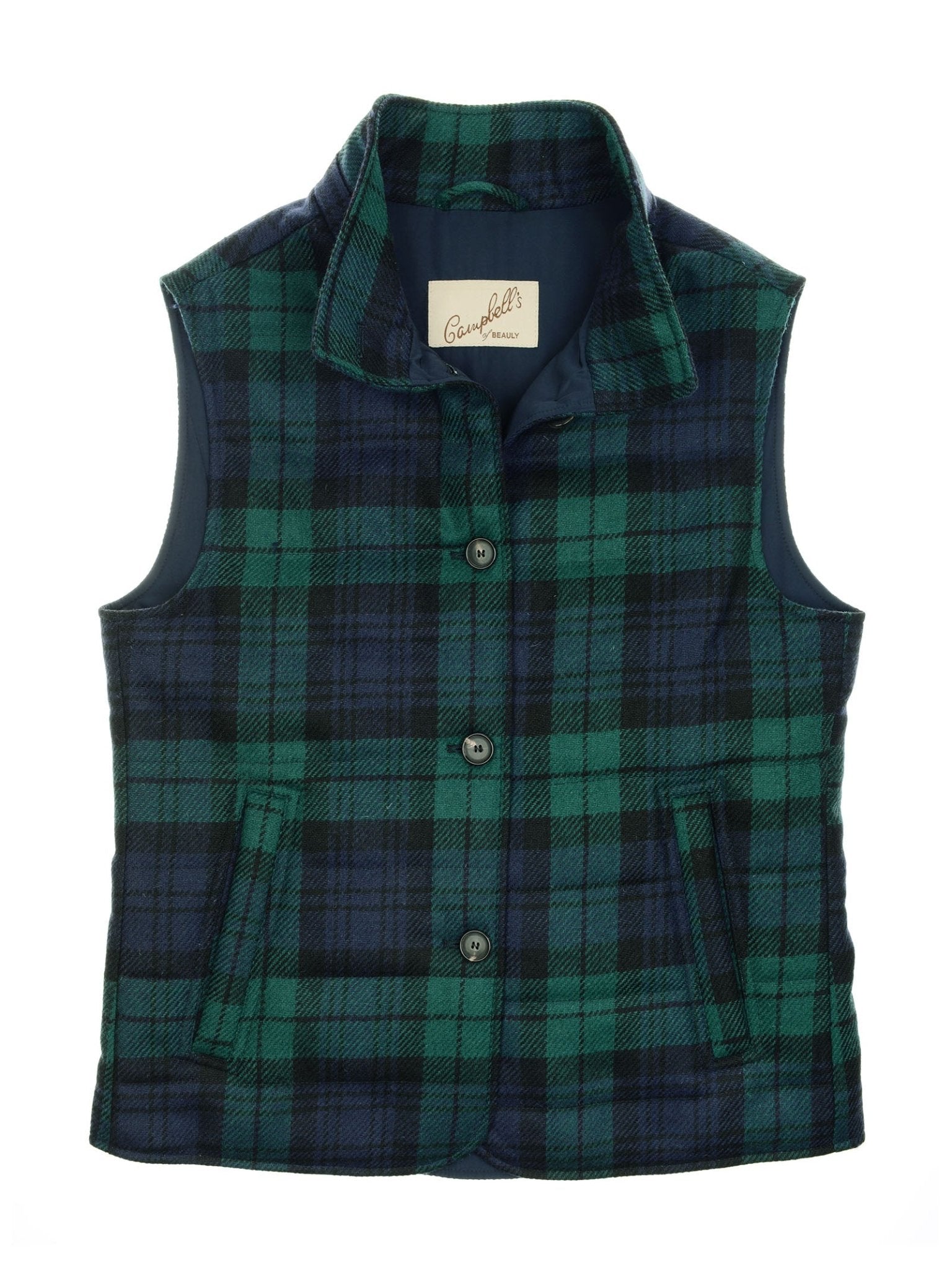 Quilted buttoned gilet in a weathered Blackwatch tartan plaid pattern, featuring two front pockets, three buttons, and a Campbell's of Beauly label on the inside collar.