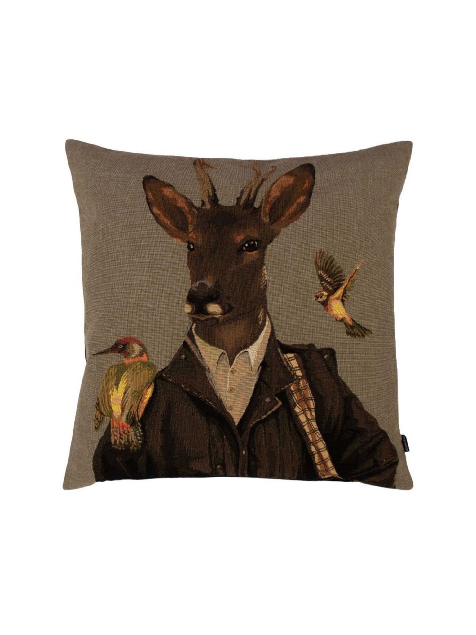 Add a touch of whimsical countryside charm to your home with the Roebuck Cushion Cover from Campbell’s of Beauly. This decorative needlework design features a roebuck dressed in a jacket and holding a bag, accompanied by two colorful birds perched on its arm and flying nearby, all set against a plain background—perfect for enhancing any room’s décor.