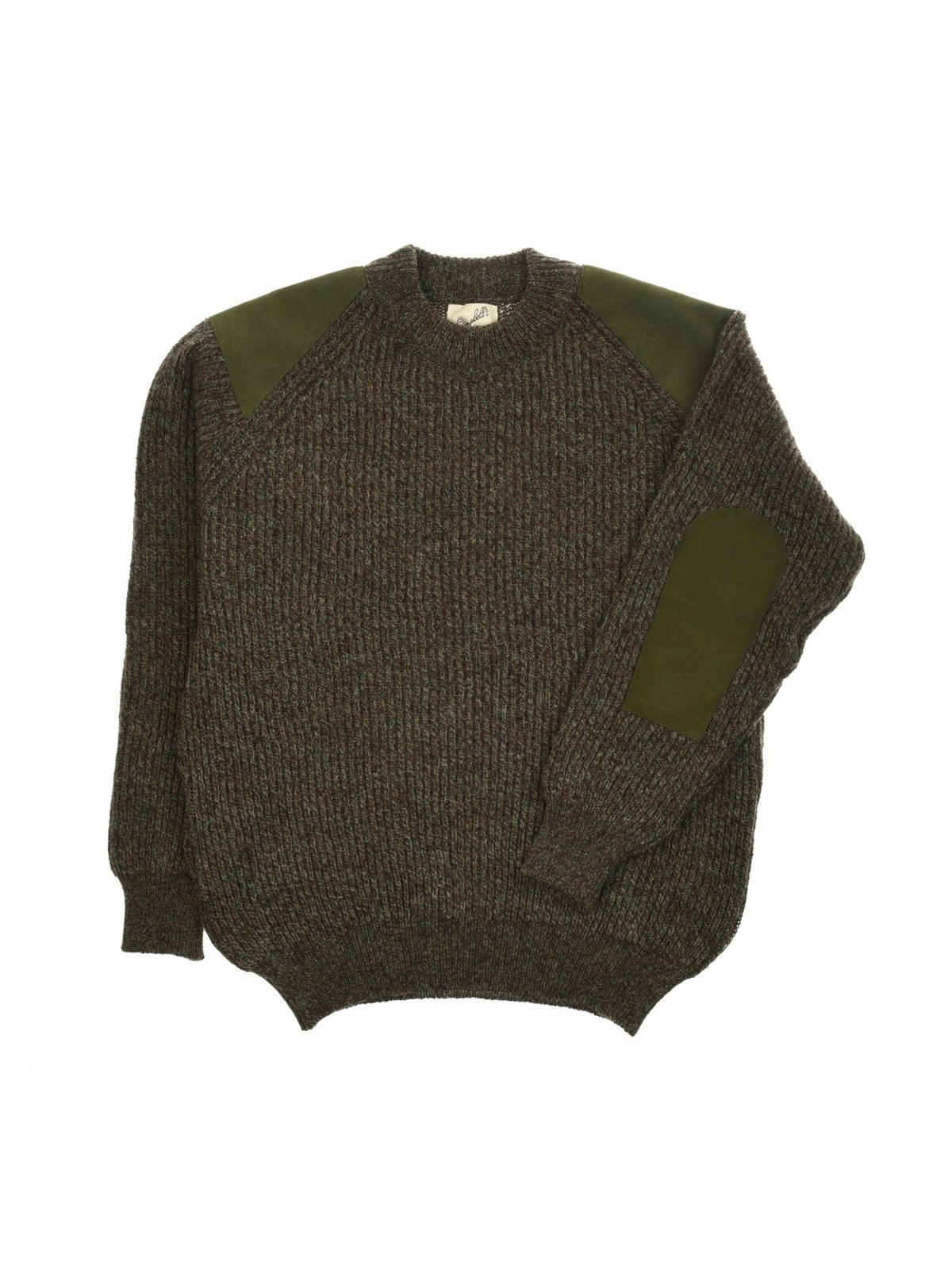 The Scotia Suede Jumper by Campbell’s of Beauly, a brown wool knit outdoor sweater featuring green fabric patches on the shoulders and right elbow, is laid flat on a white background.