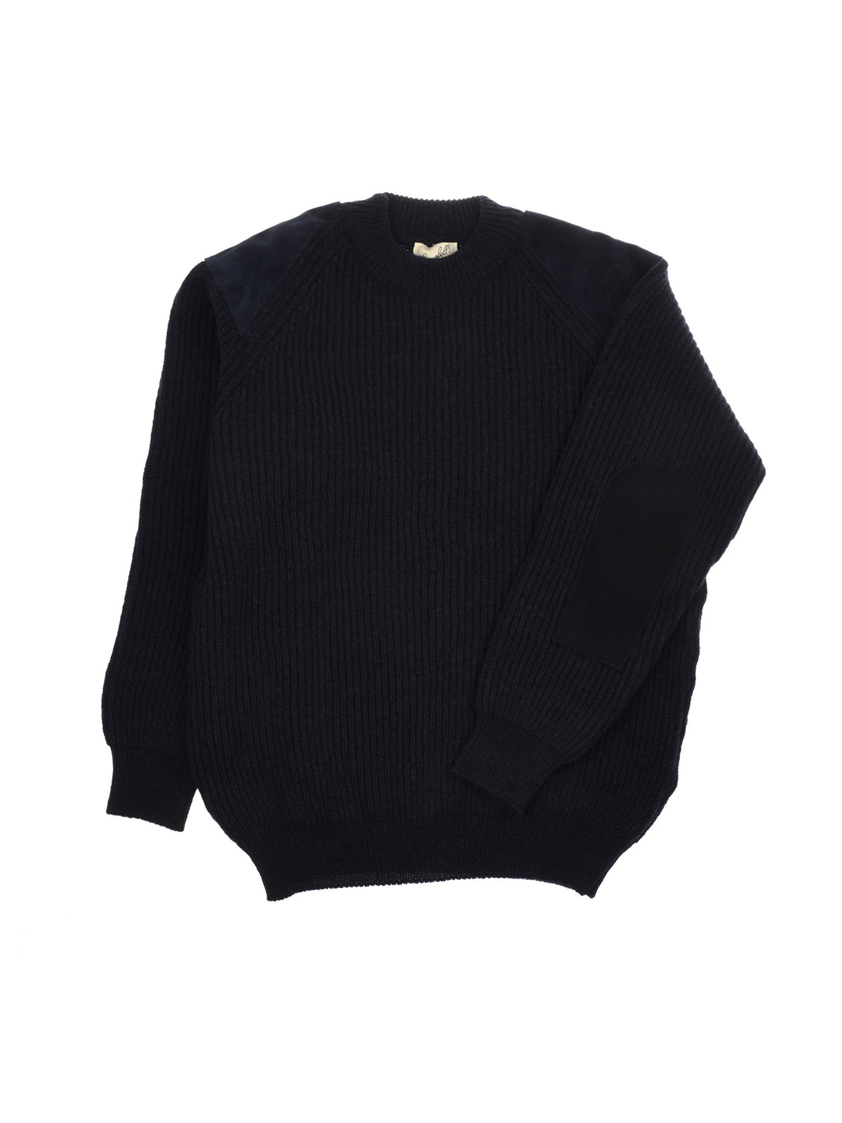 A Campbell’s of Beauly Scotia Suede Jumper in black wool knit, featuring ribbed detailing and reinforced suede patches on the shoulders and elbows, laid flat on a white background.