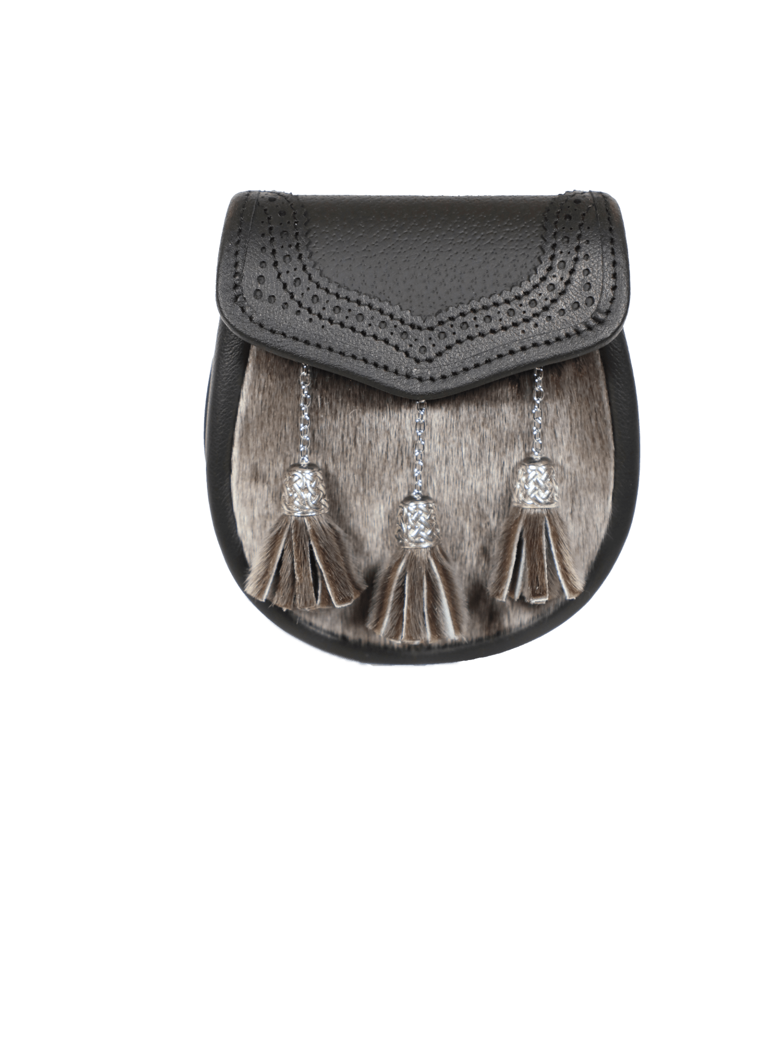 The Campbell's of Beauly Seal Skin Brogued Lid Sporran features a black leather body, gray seal skin front, intricate stitching, and three tassels on chains. Shown against a plain white background.