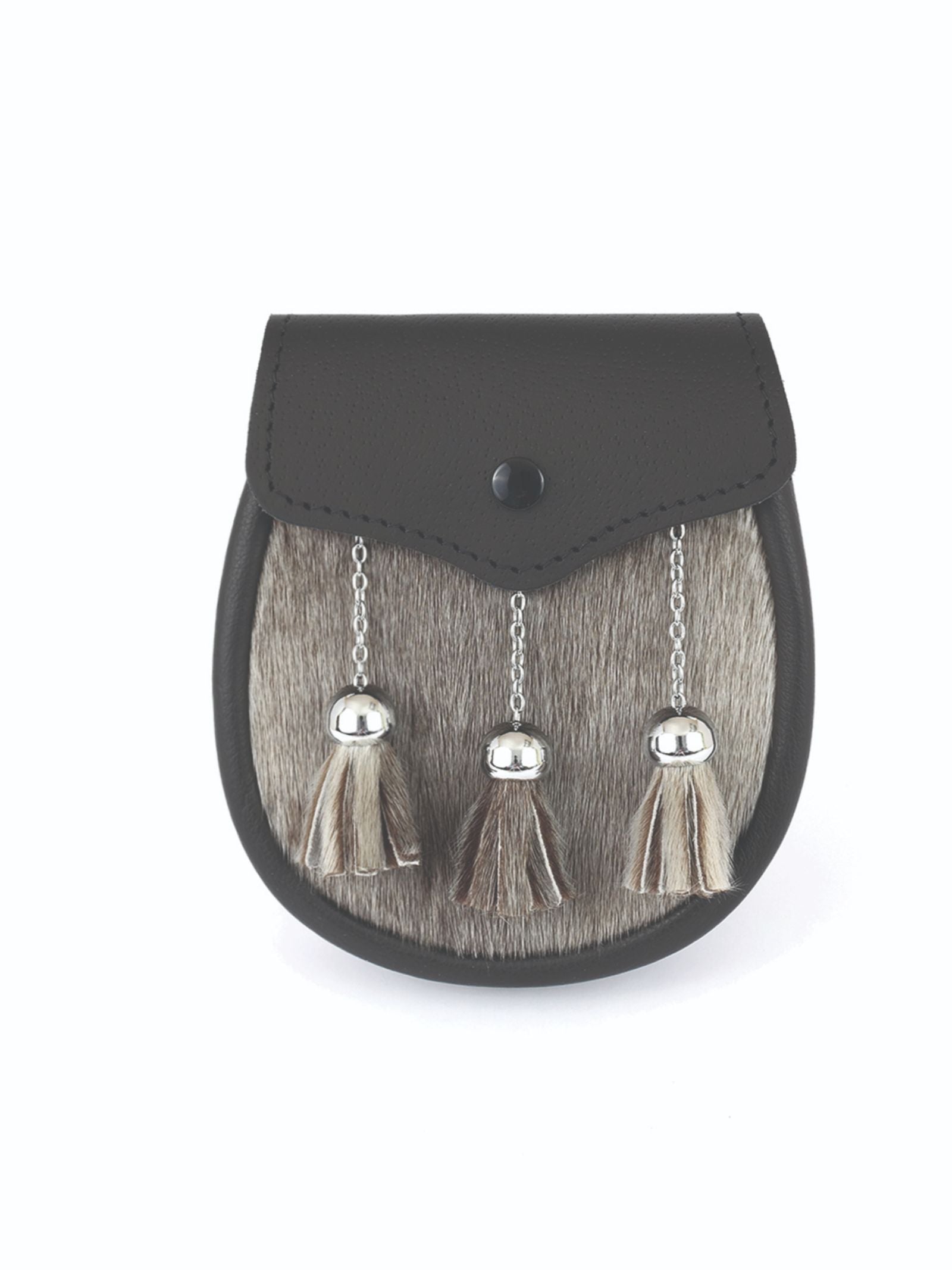 The Campbell's of Beauly Seal Skin Sporran features a black leather flap, grey seal skin front, and three tassels hanging from silver chains.
