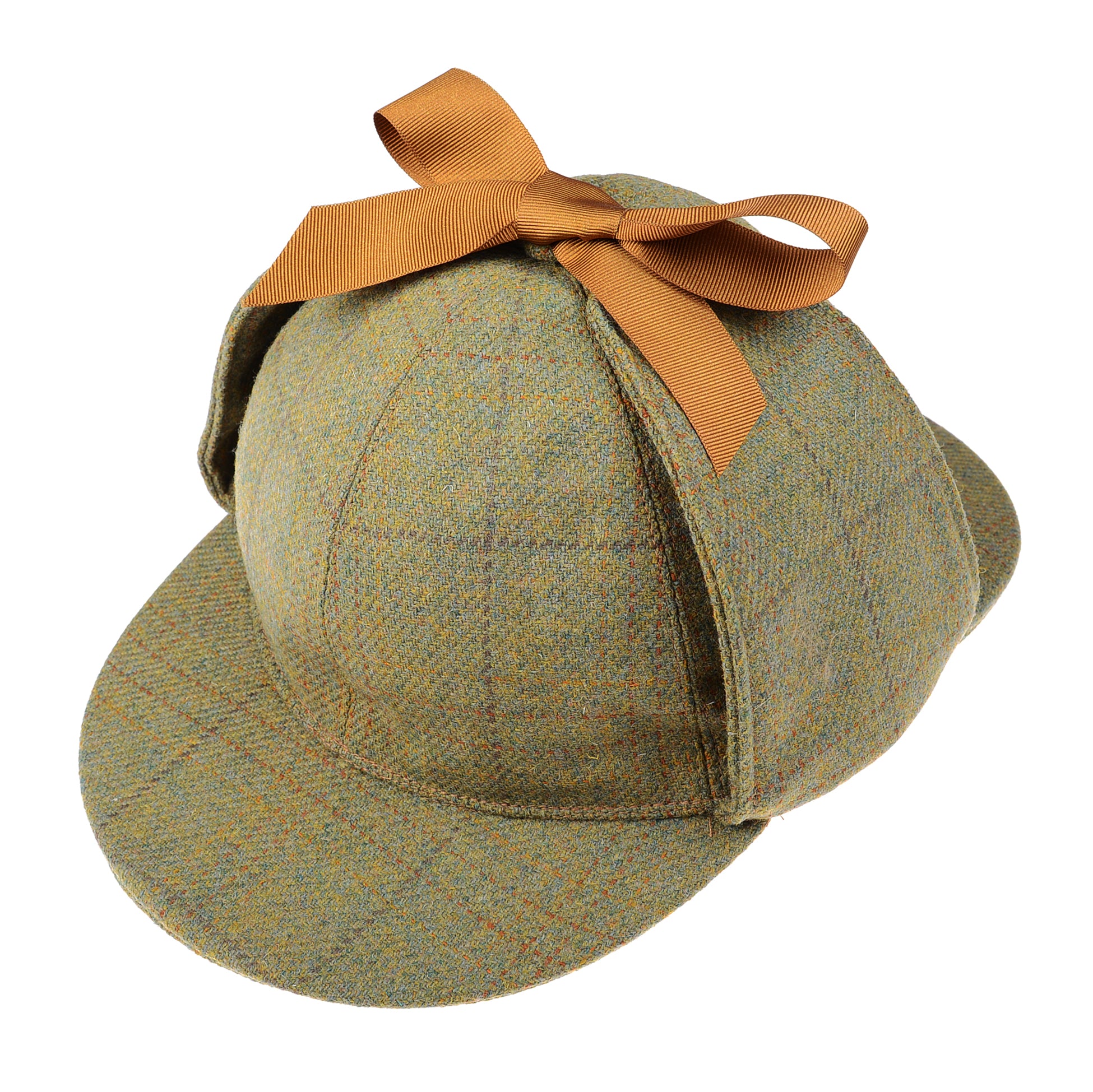 The Sherlock Holmes Hat by Campbells of Beauly is a classic heritage deerstalker in greenish tweed with brown and orange lines, earflaps, short brim, and a brown ribbon bow—true detective style.