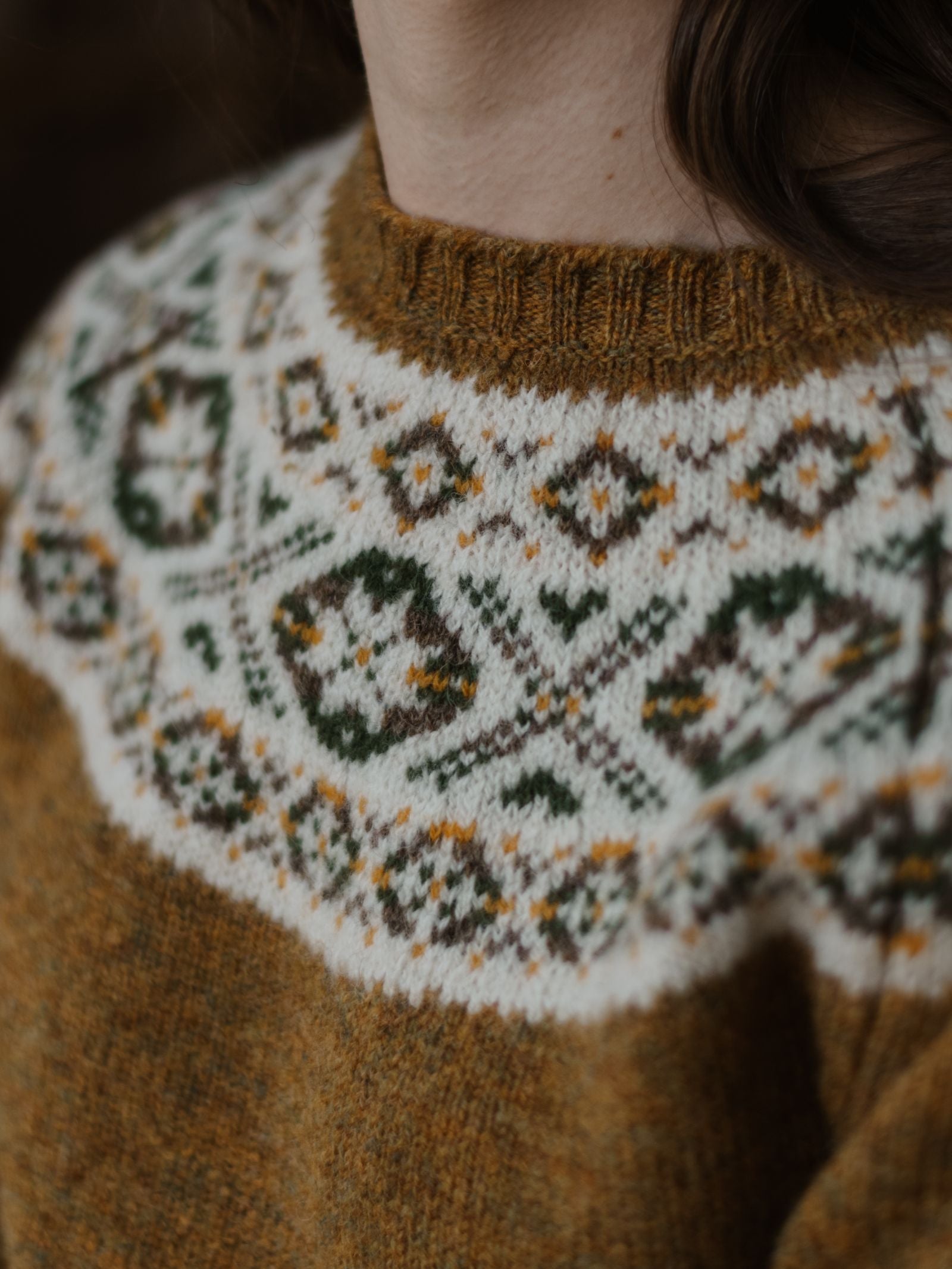Close-up of a person wearing the Campbell's of Beauly Shetland Fairisle Crew, showcasing its intricate Fair Isle yoke in white, green, and mustard yellow. Only the lower face and neck are visible; focus is on the detailed knit design.