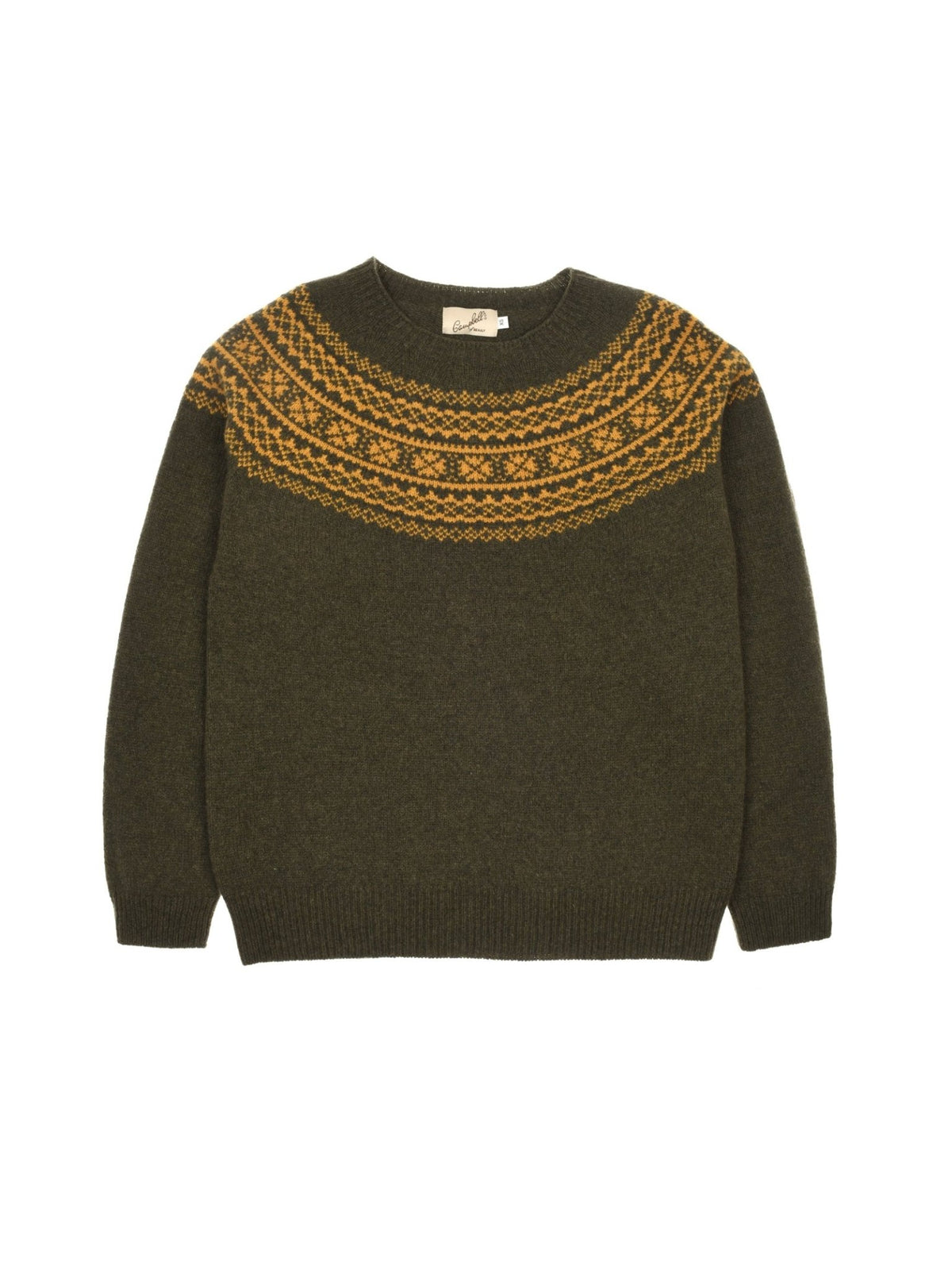 The Two-Colour Fairisle Yoke Jumper by Campbell’s of Beauly features a dark green knit with long sleeves and an orange and yellow geometric pattern across the chest and shoulders, inspired by traditional Fairisle yoke jumper designs. Expertly crafted from soft Geelong lambswool, this Scottish knitwear piece is shown laid flat on a white background.