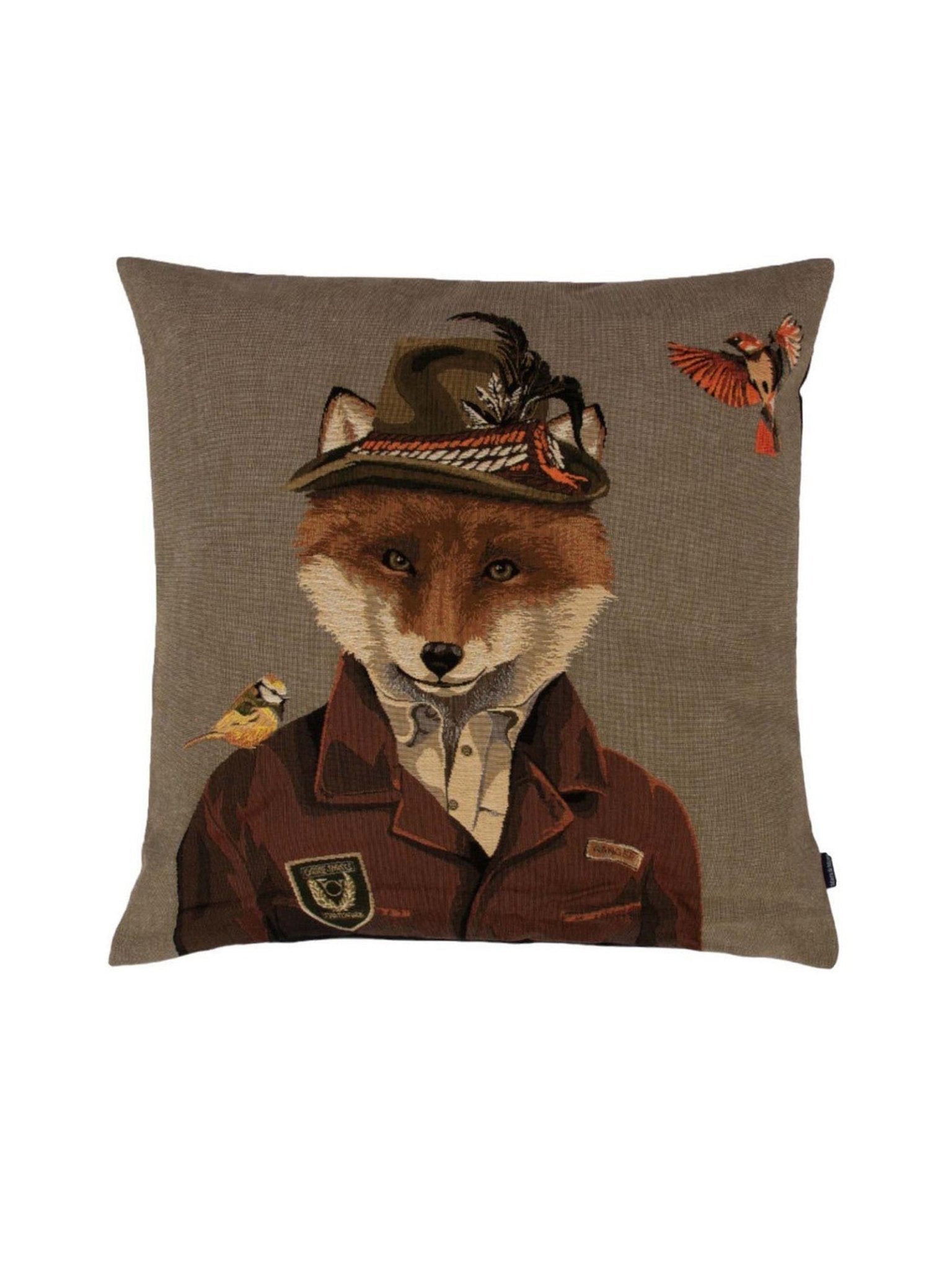 Introducing the Urban Fox Cushion Cover by Campbell’s of Beauly—a charming needlework design featuring an illustrated fox dressed in a jacket and hat adorned with a feather. Two small birds accompany the scene, one perched on the fox’s shoulder and another flying nearby, creating a delightful countryside motif that adds character to your home décor.